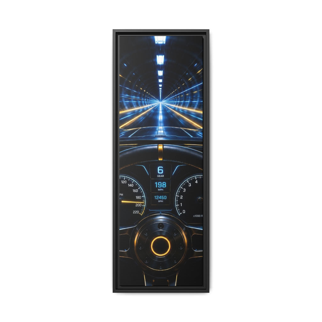 Tunnel Drive Framed Canvas Print — Retro Futuristic Car Dashboard Wall Art