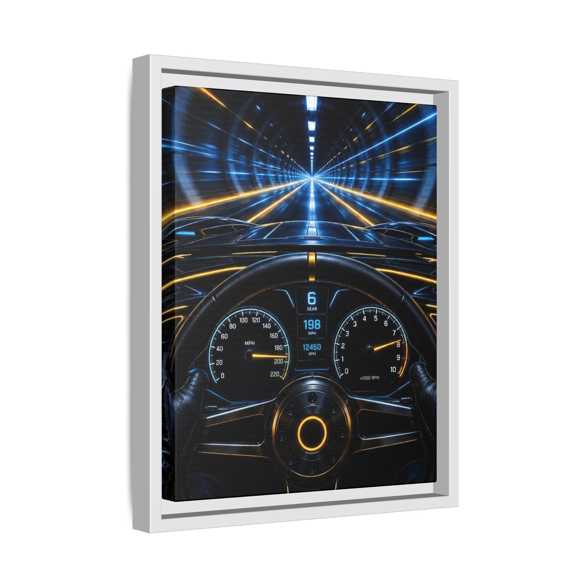 Tunnel Drive Framed Canvas Print — Retro Futuristic Car Dashboard Wall Art