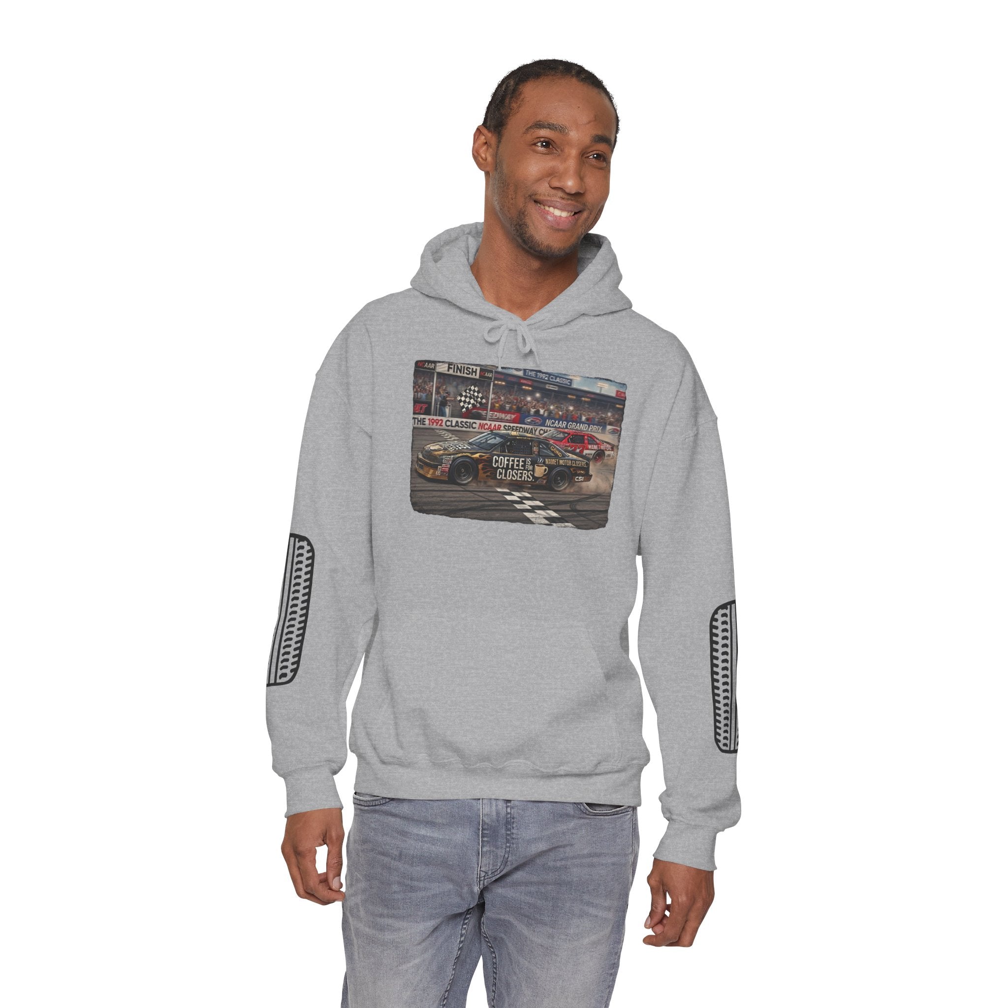 Racing Garage Hooded Sweatshirt — Vintage Racecar Track Scene