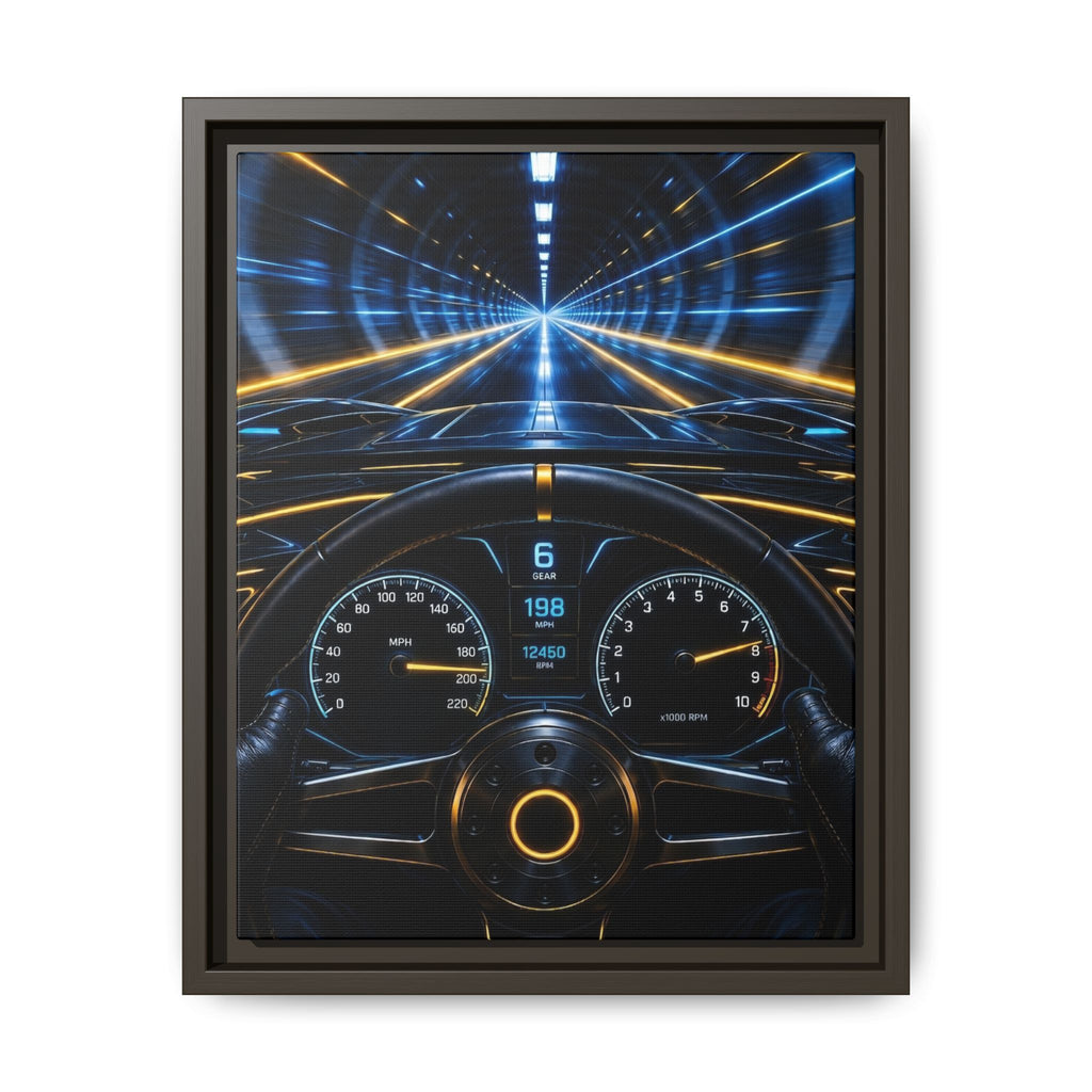 Tunnel Drive Framed Canvas Print — Retro Futuristic Car Dashboard Wall Art