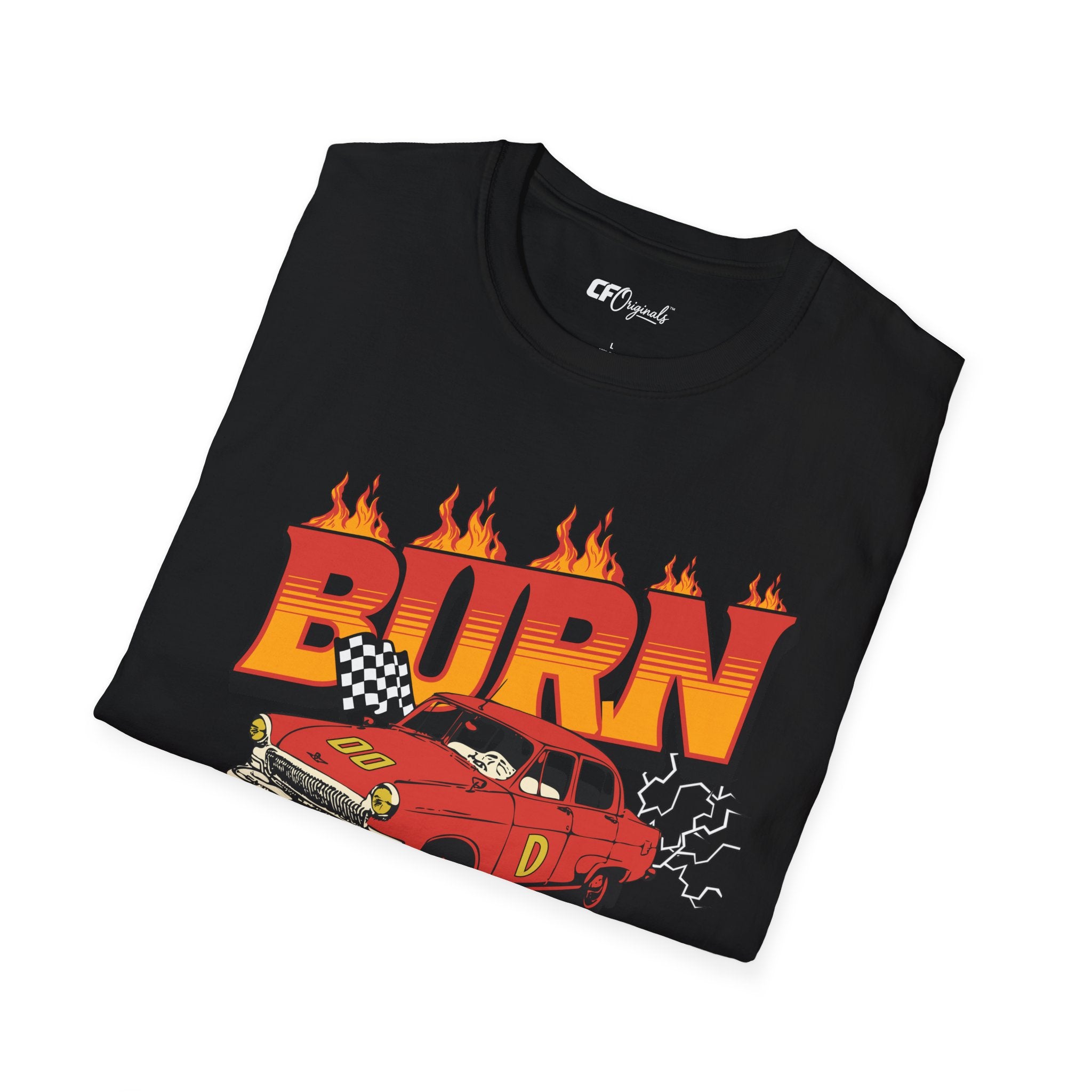 Racing 'BURN' Graphic Tee — Retro Flaming Racecar Chicago Track Shirt