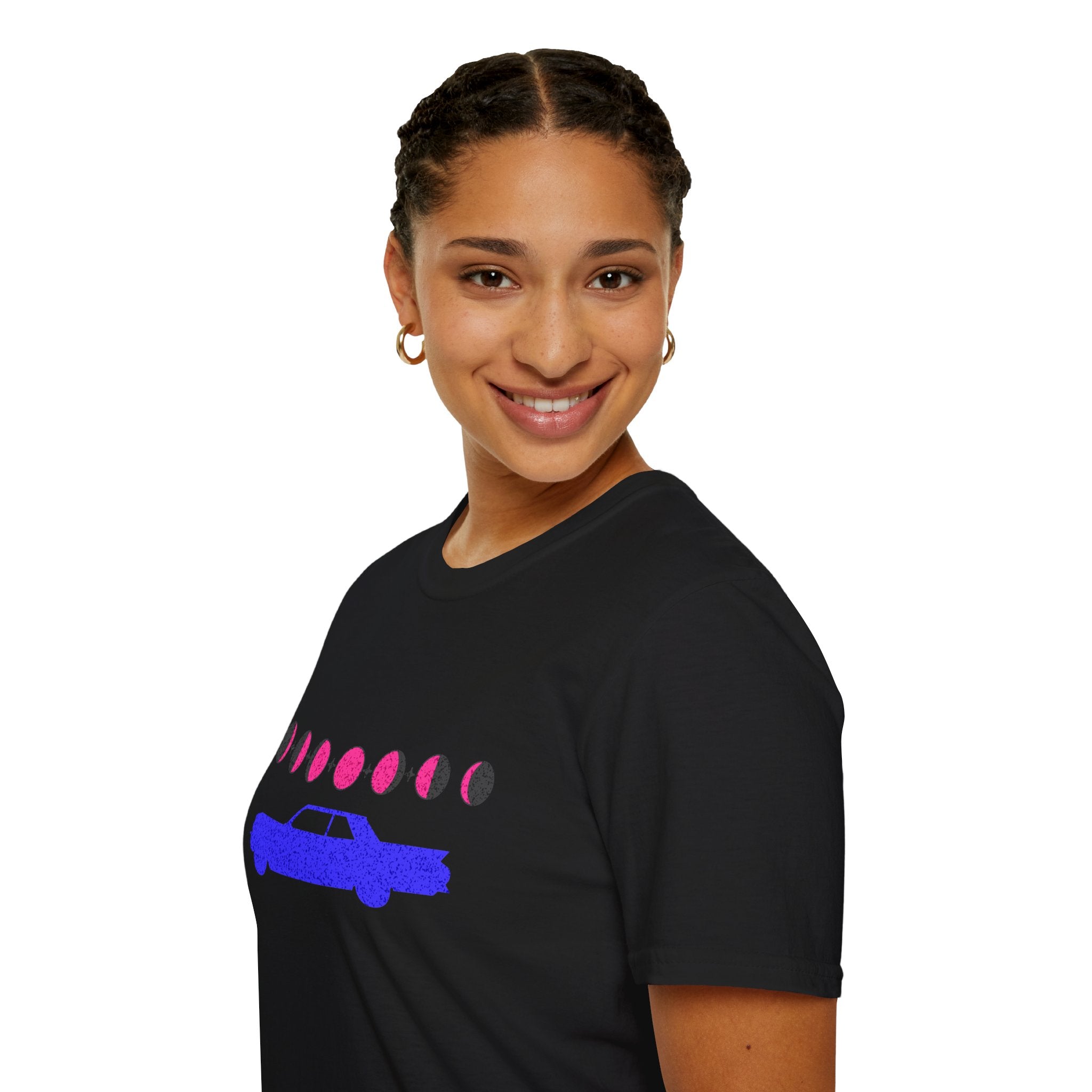 Retro Moon Phase Car T‑Shirt — Blue Classic Car with Pink Moon Phases