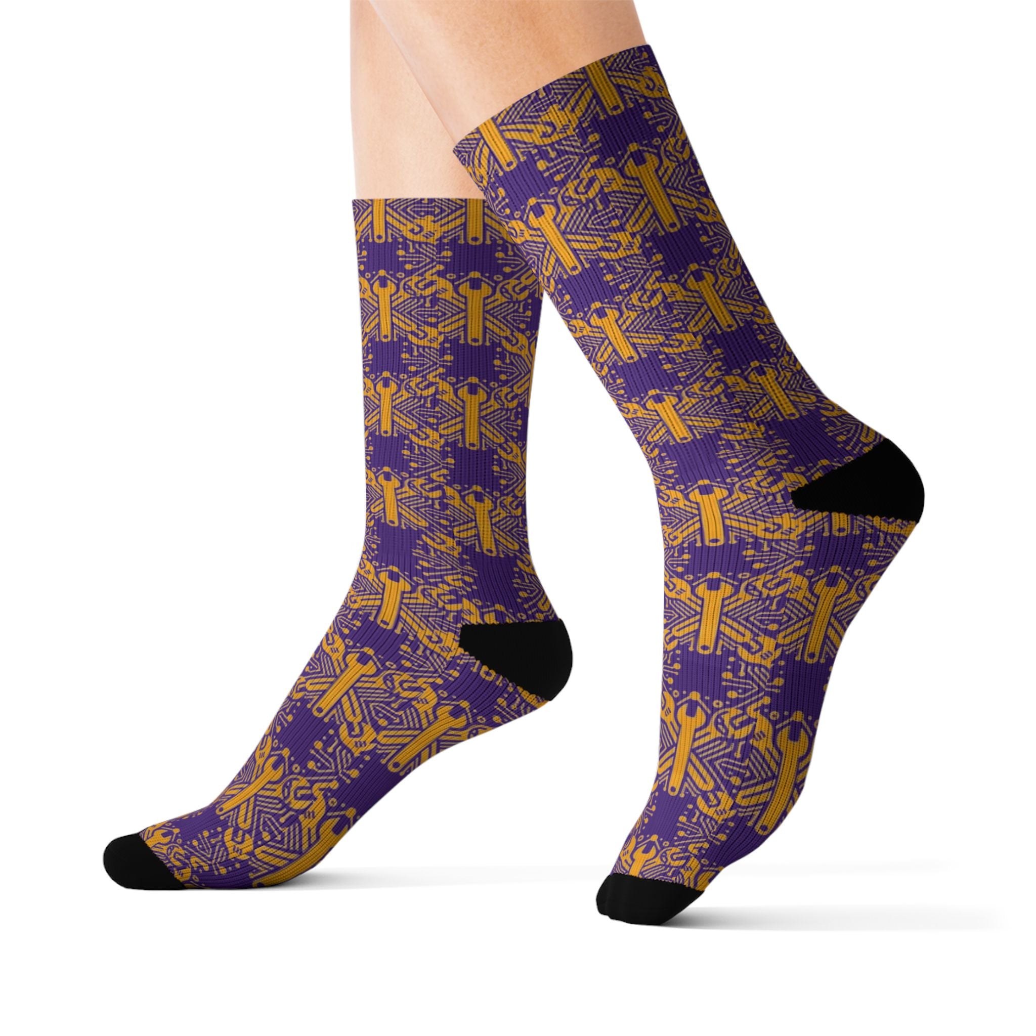 Purple and Gold Wrench Pattern — Crew Socks
