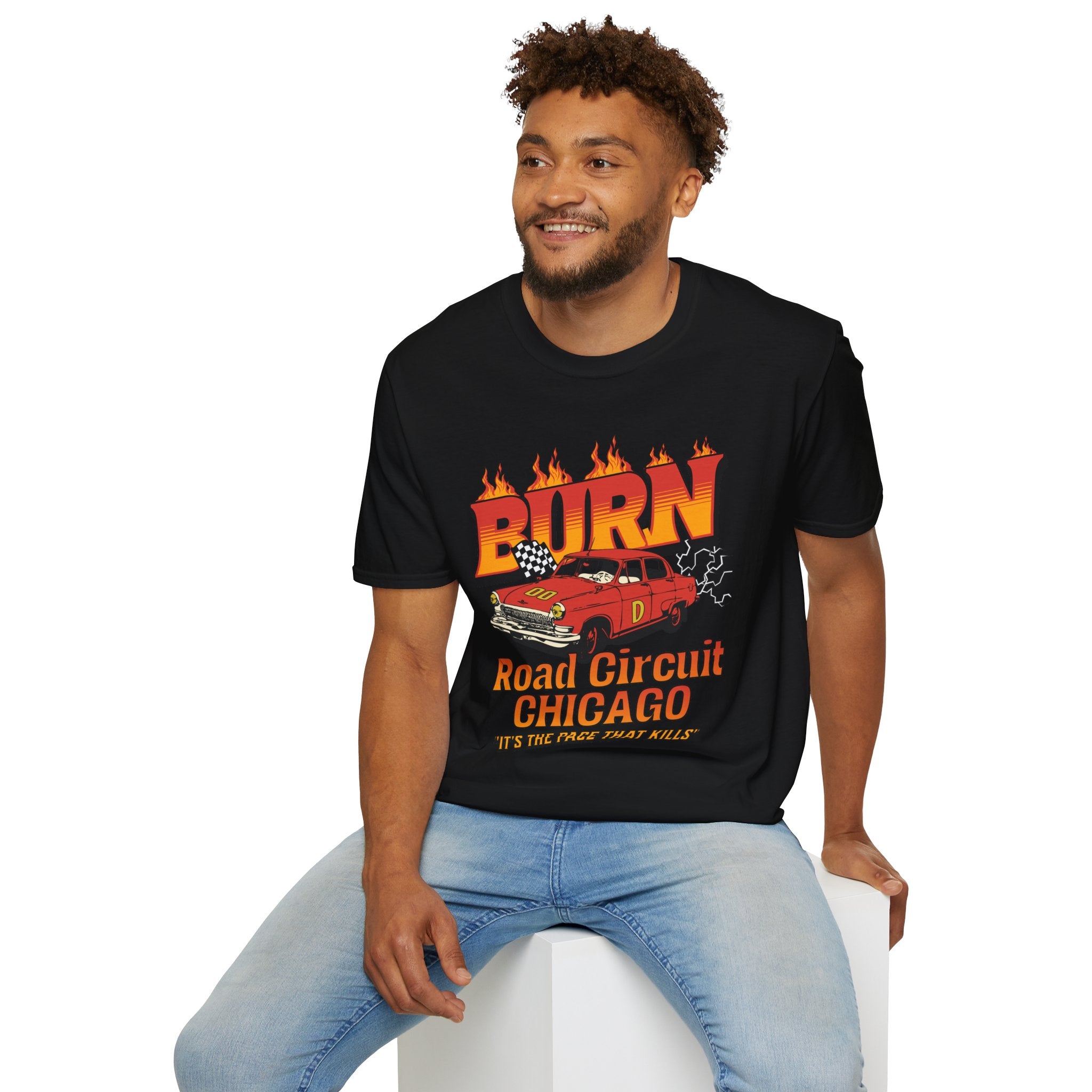 Racing 'BURN' Graphic Tee — Retro Flaming Racecar Chicago Track Shirt