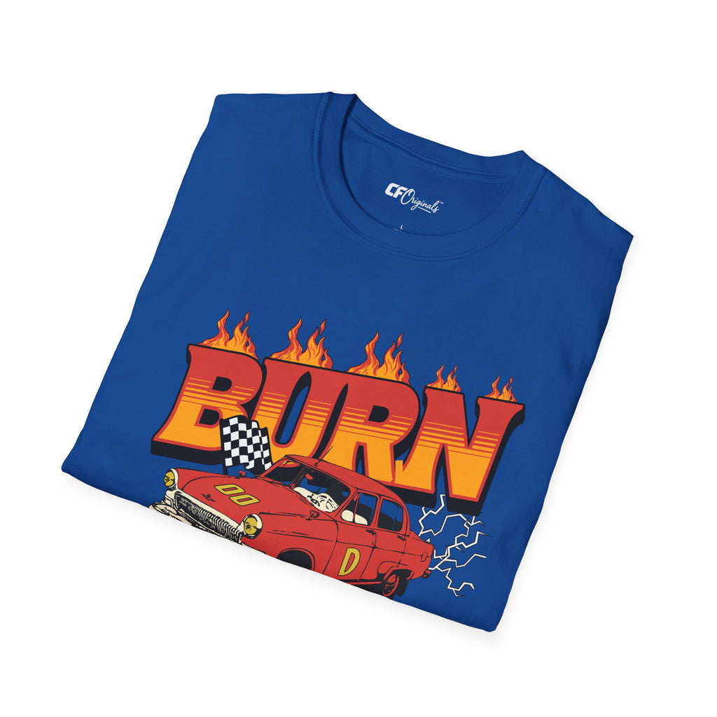 Racing 'BURN' Graphic Tee — Retro Flaming Racecar Chicago Track Shirt