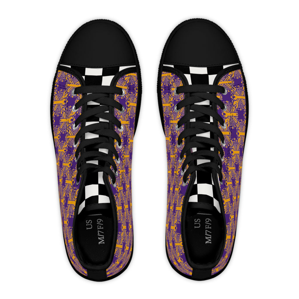 Purple and Gold Wrench High-Tops — Women's Patterned Canvas Shoes