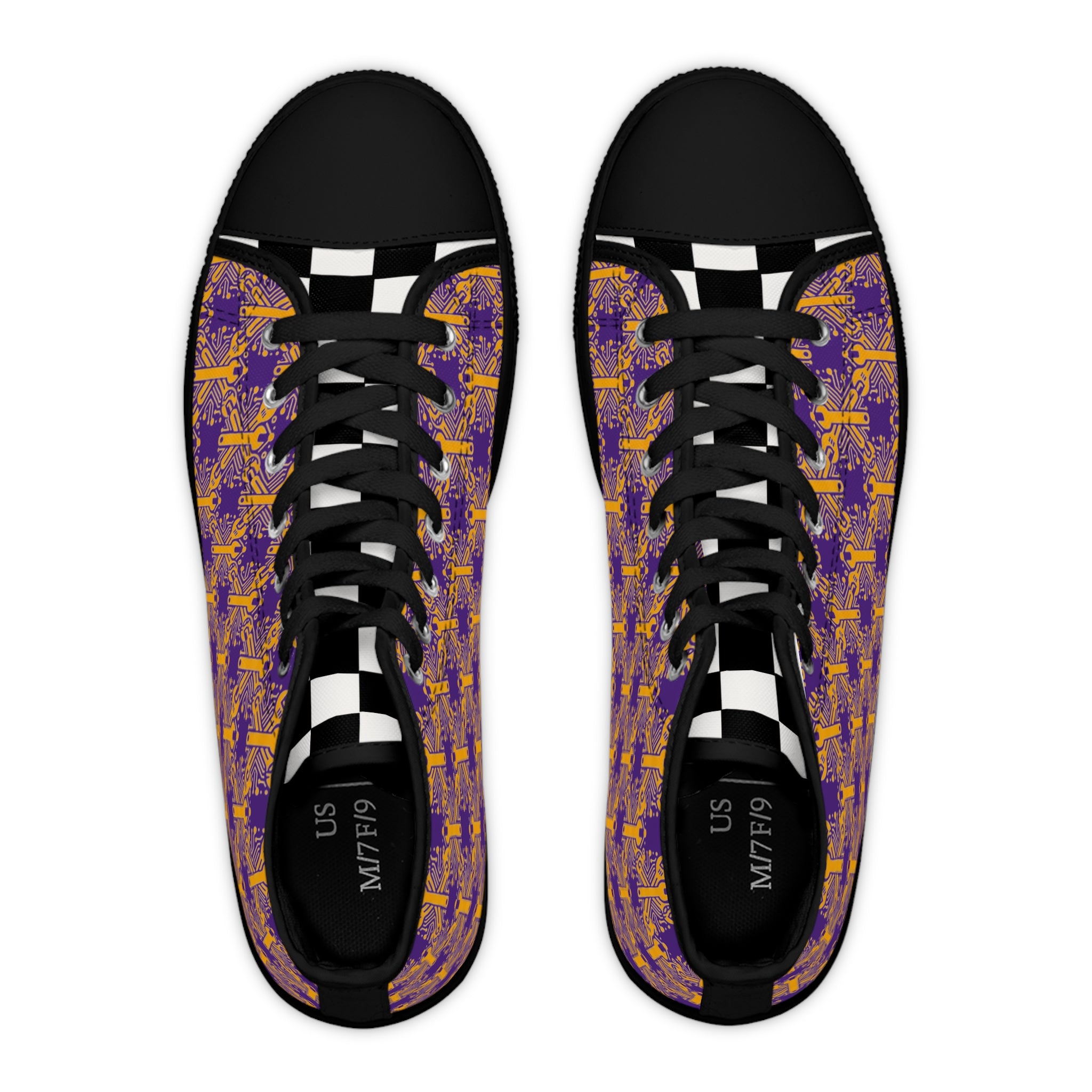 Purple and Gold Wrench High-Tops — Women's Patterned Canvas Shoes
