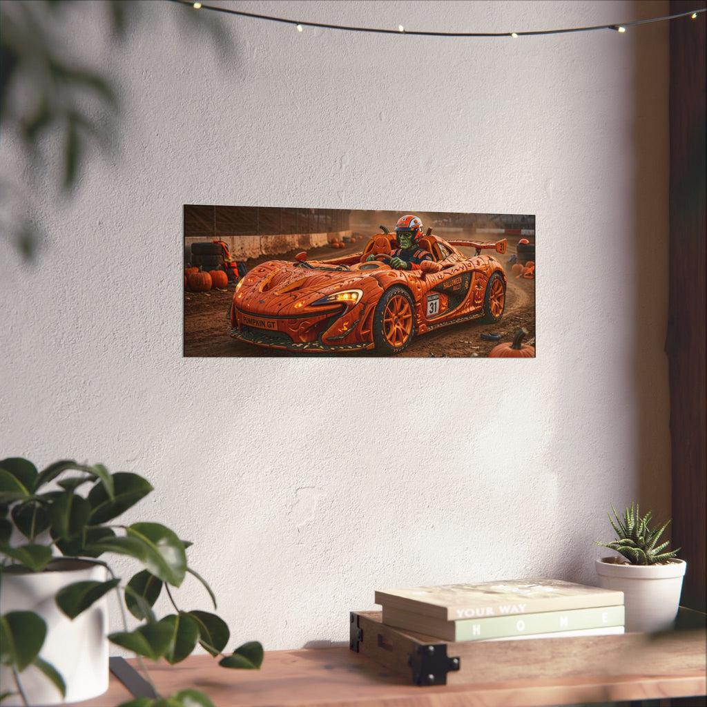 Halloween Race Car Poster — Orange Pumpkin Sports Car Matte Horizontal Print