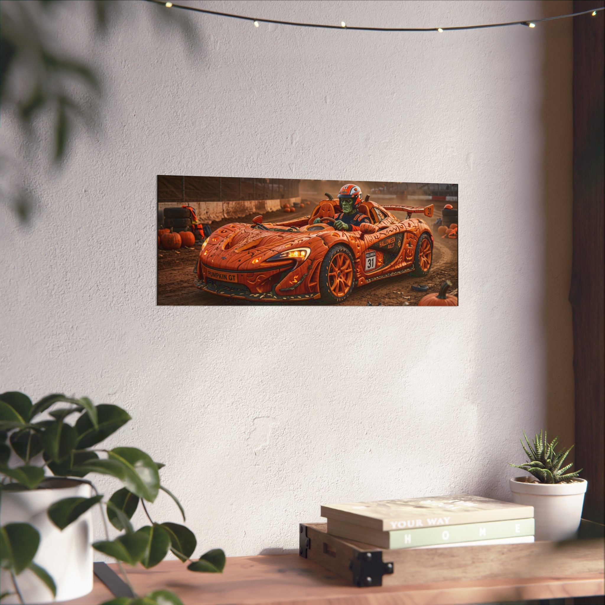 Halloween Race Car Poster — Orange Pumpkin Sports Car Matte Horizontal Print