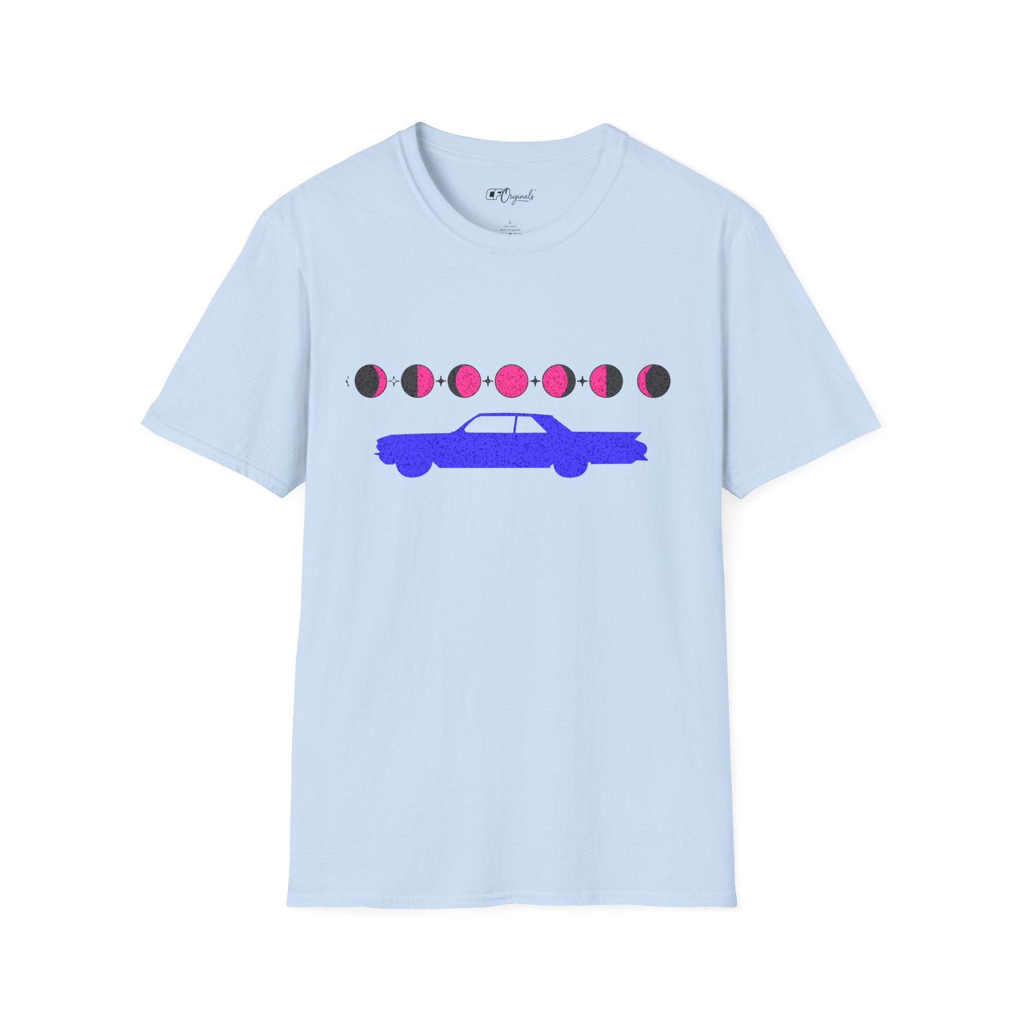 Retro Moon Phase Car T‑Shirt — Blue Classic Car with Pink Moon Phases