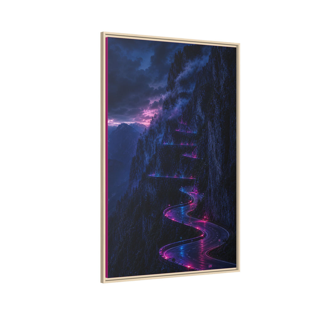 Neon Mountain Road Matte Canvas Print — Framed Nightscape Wall Art