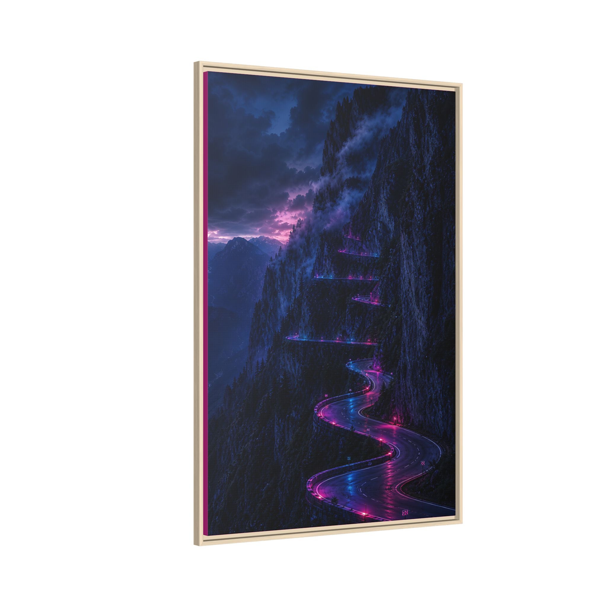 Neon Mountain Road Matte Canvas Print — Framed Nightscape Wall Art