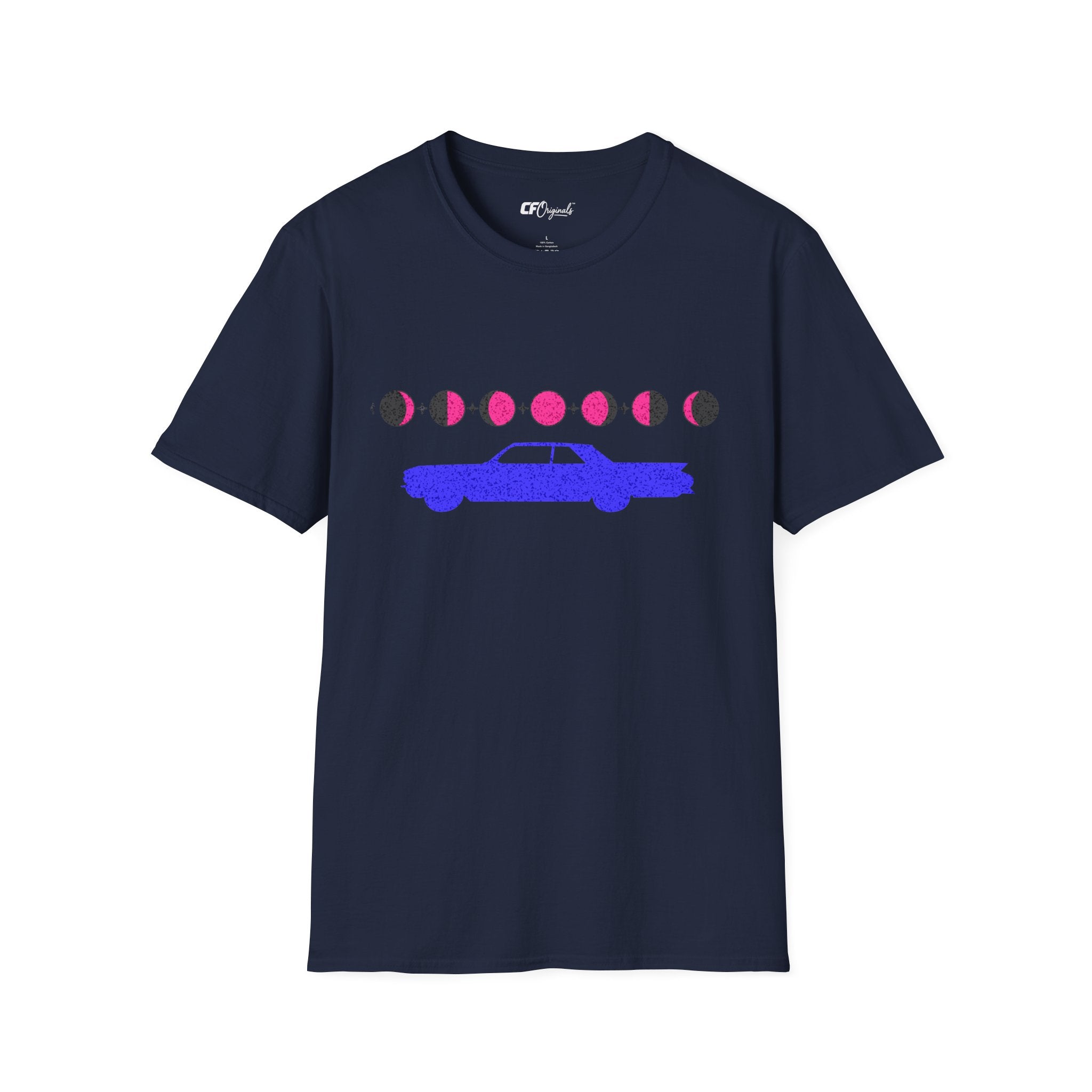Retro Moon Phase Car T‑Shirt — Blue Classic Car with Pink Moon Phases