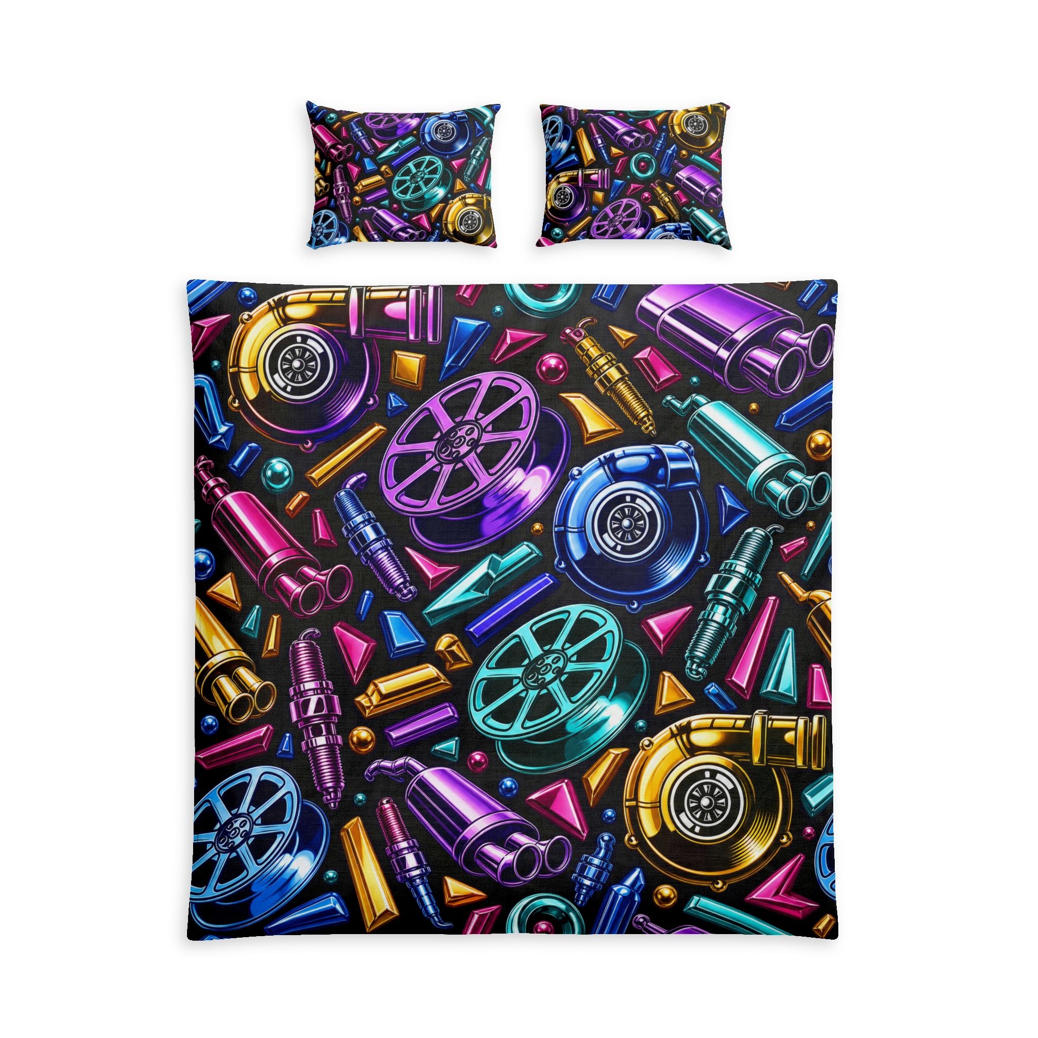 Car Parts Pattern Cotton Bed Set — Colorful Mechanical Design Duvet Cover