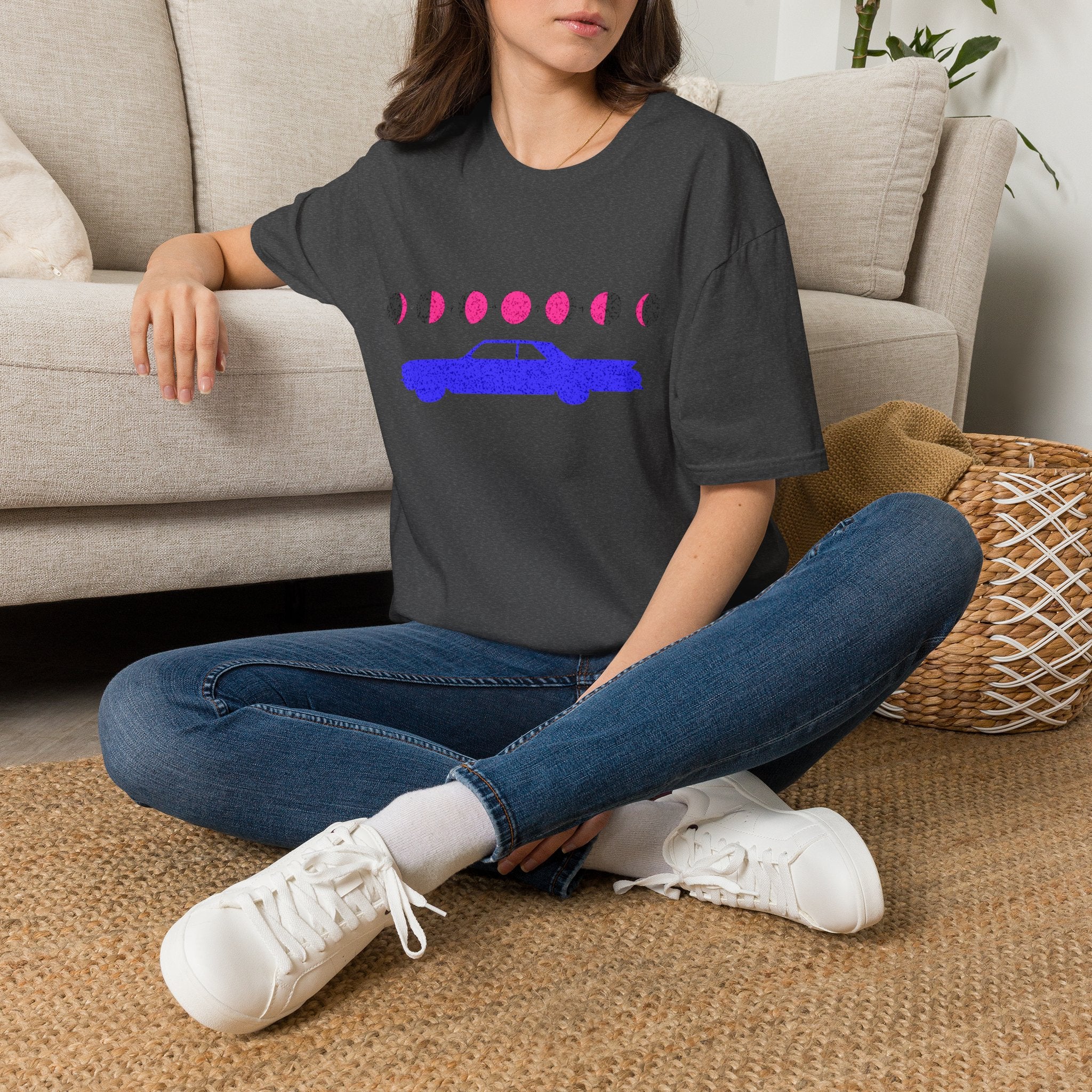 Retro Moon Phase Car T‑Shirt — Blue Classic Car with Pink Moon Phases