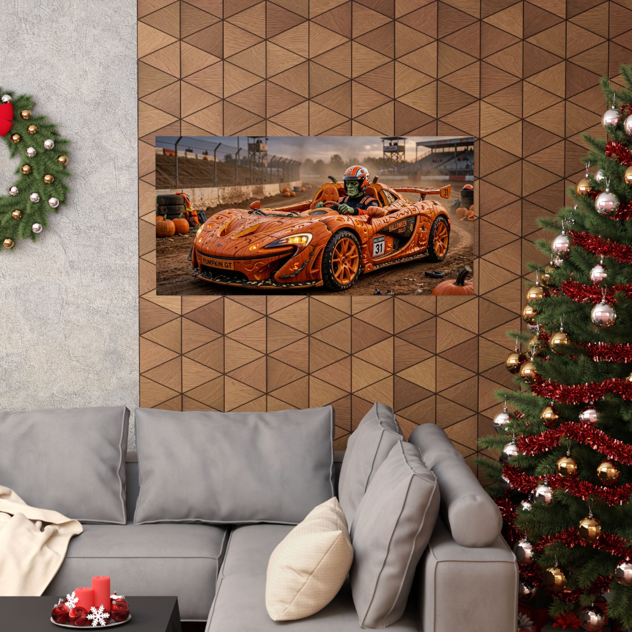 Halloween Race Car Poster — Orange Pumpkin Sports Car Matte Horizontal Print