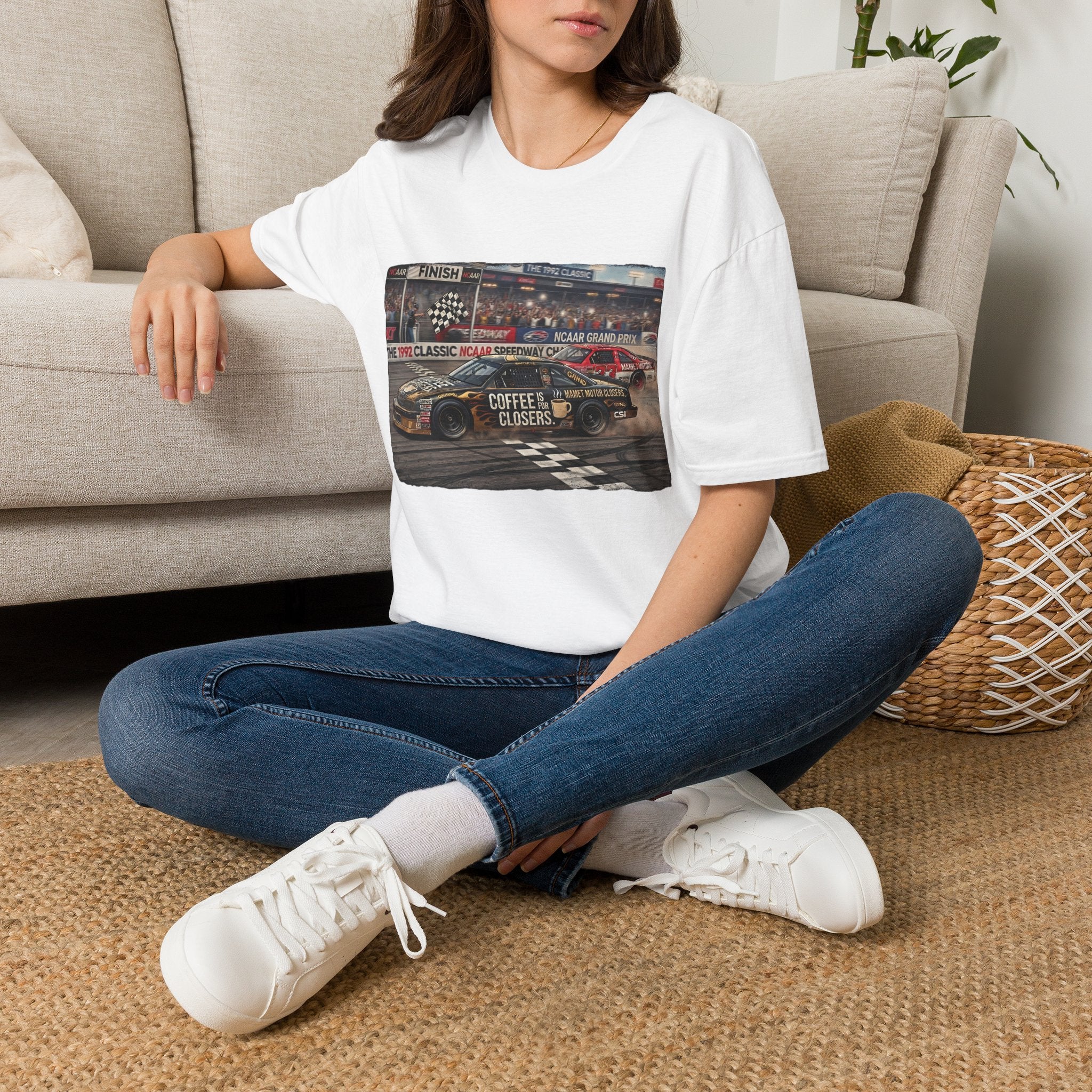 Race Day Vintage Stock Car Tee — 'Coffee is for Closers' Graphic
