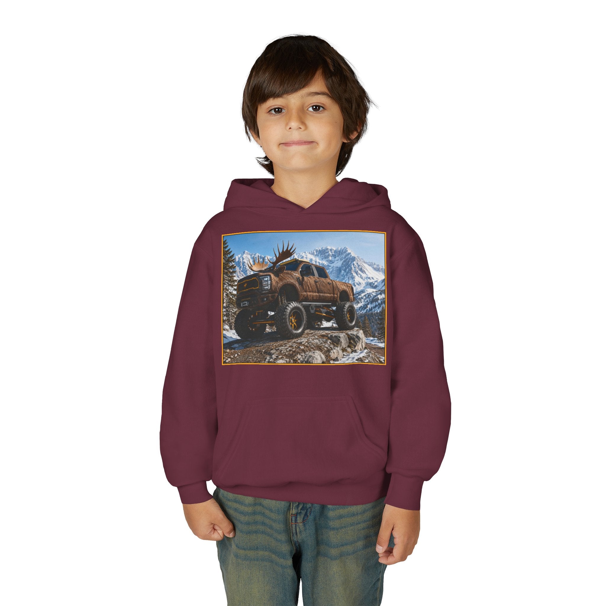 Youth Hoodie - Moose Truck Mountain Adventure Graphic