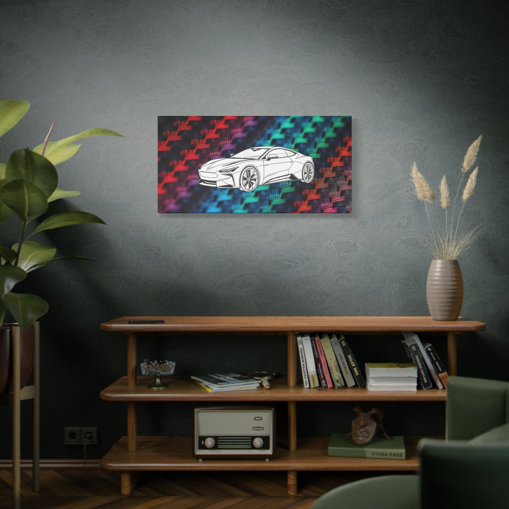 Modern Sports Car Canvas Wall Art – White Line Drawing on Rainbow Carbon Fiber Background