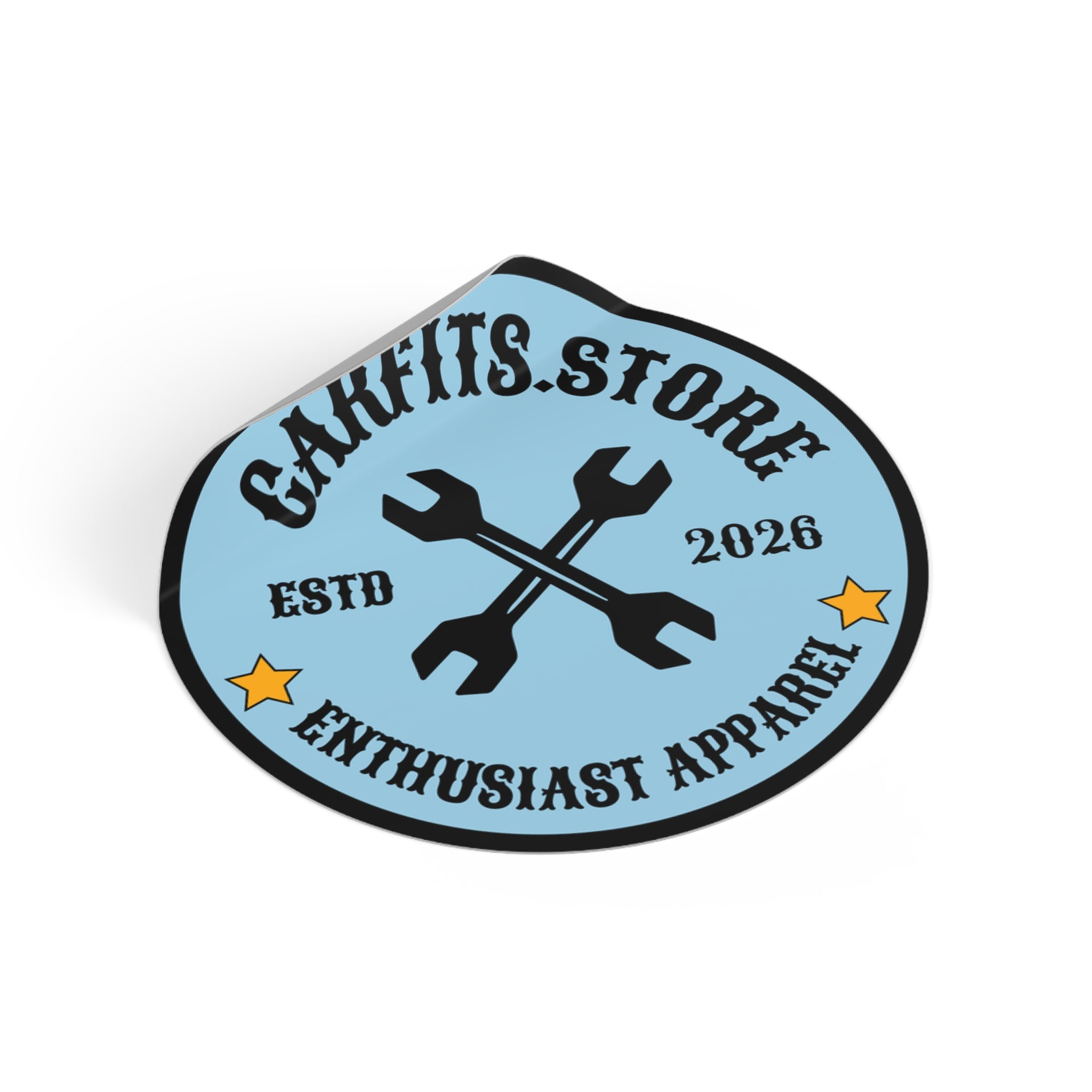 Logo Round Vinyl Sticker — 'CARFITS.STORE' Wrench Emblem (ESTD 2026)