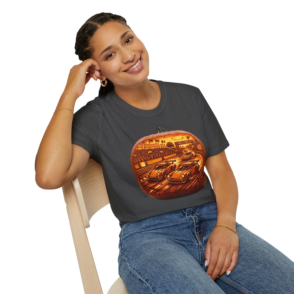 Vintage Racing Pumpkin T-Shirt — Retro Car Grand Prix Halloween Tee