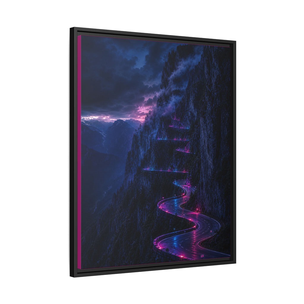Neon Mountain Road Matte Canvas Print — Framed Nightscape Wall Art