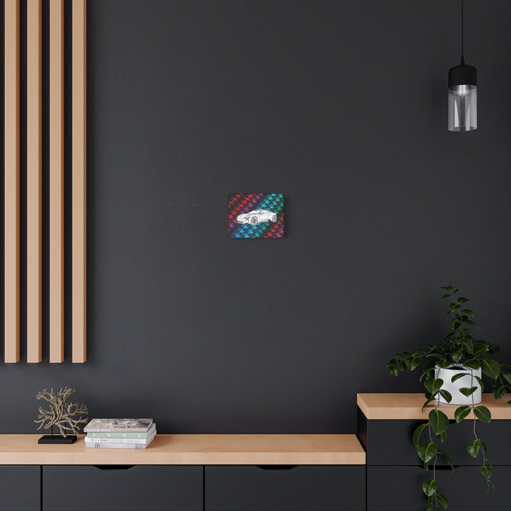 Modern Sports Car Canvas Wall Art – White Line Drawing on Rainbow Carbon Fiber Background