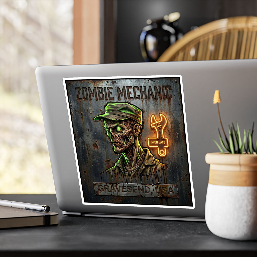Zombie Mechanic Vinyl Decal — Horror Garage Sticker (Kiss-Cut)
