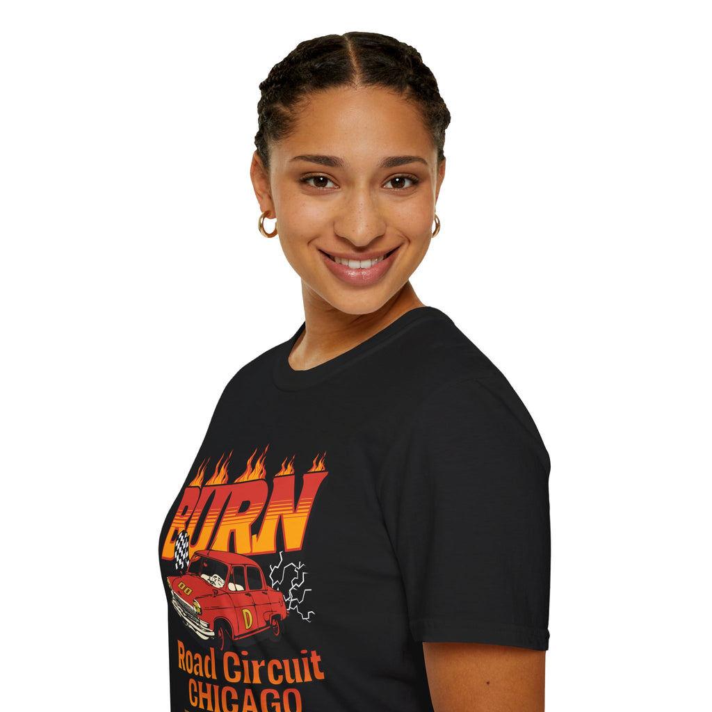 Racing 'BURN' Graphic Tee — Retro Flaming Racecar Chicago Track Shirt