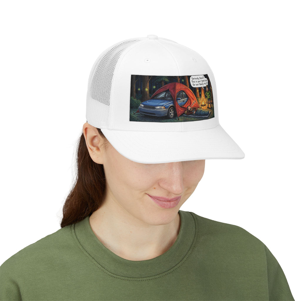 Camping Humor Snapback Trucker Hat — Car Tent Cartoon