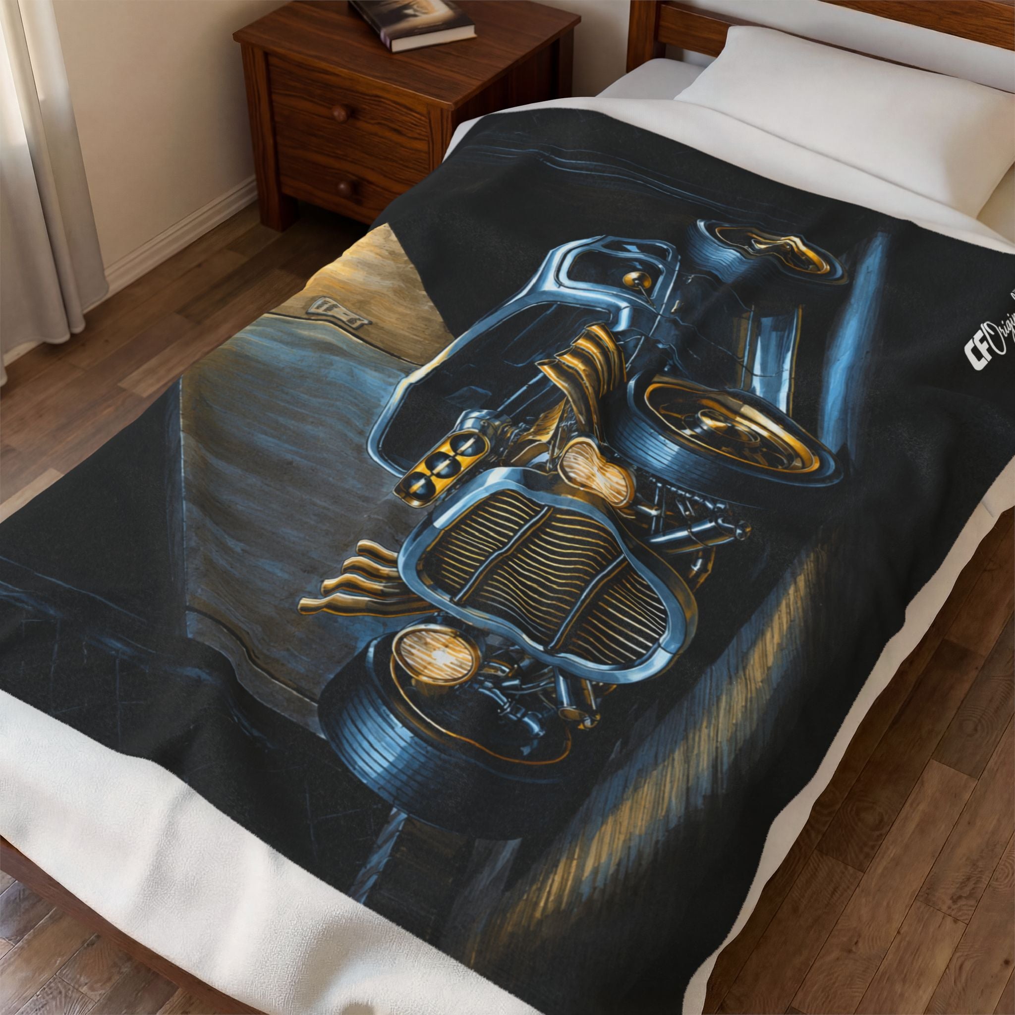 Classic Hot Rod Velveteen Plush Blanket — Vintage Car Artwork Throw