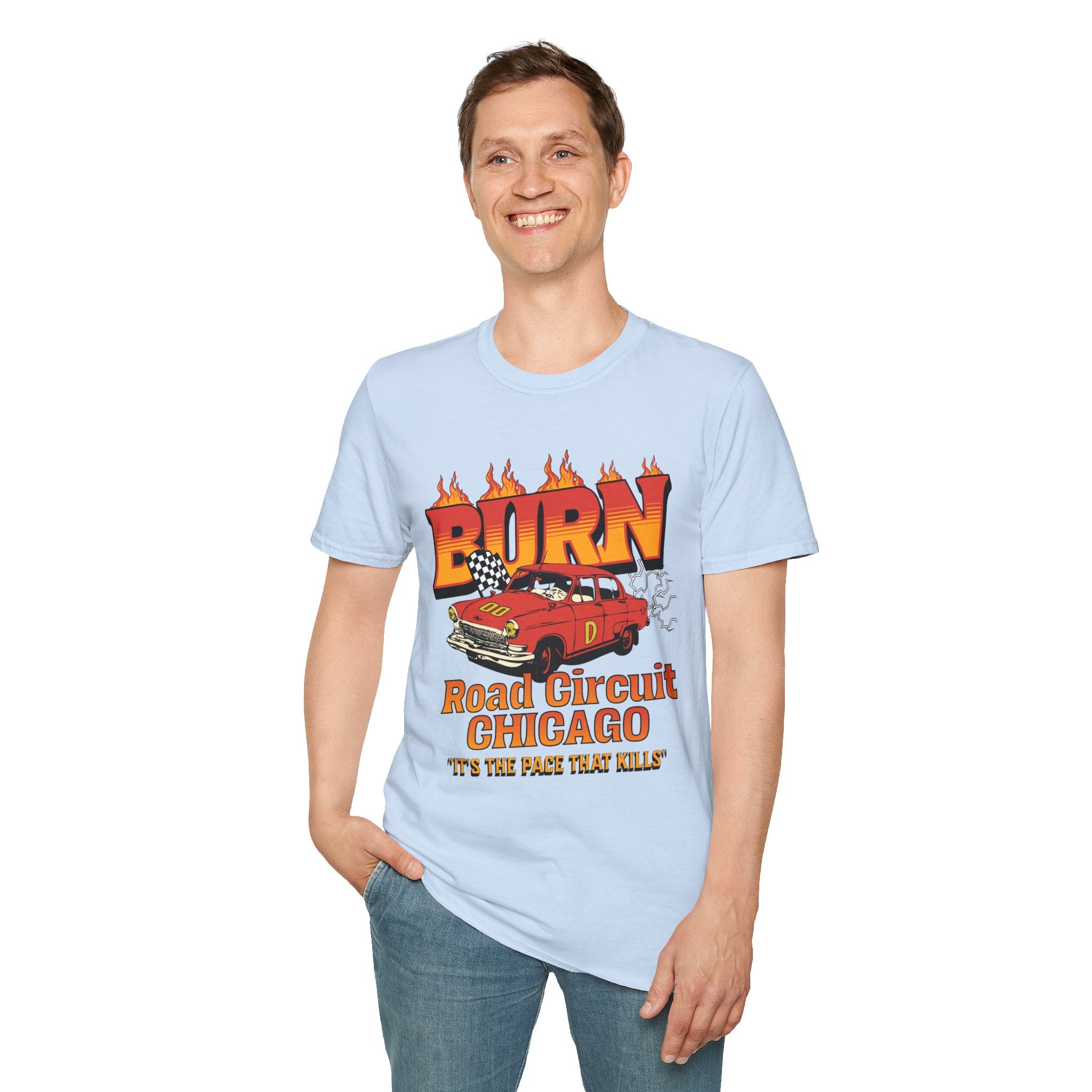 Racing 'BURN' Graphic Tee — Retro Flaming Racecar Chicago Track Shirt