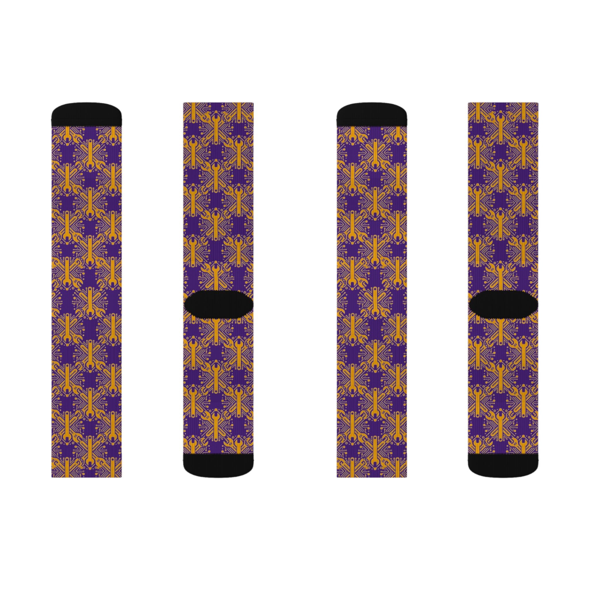 Purple and Gold Wrench Pattern — Crew Socks