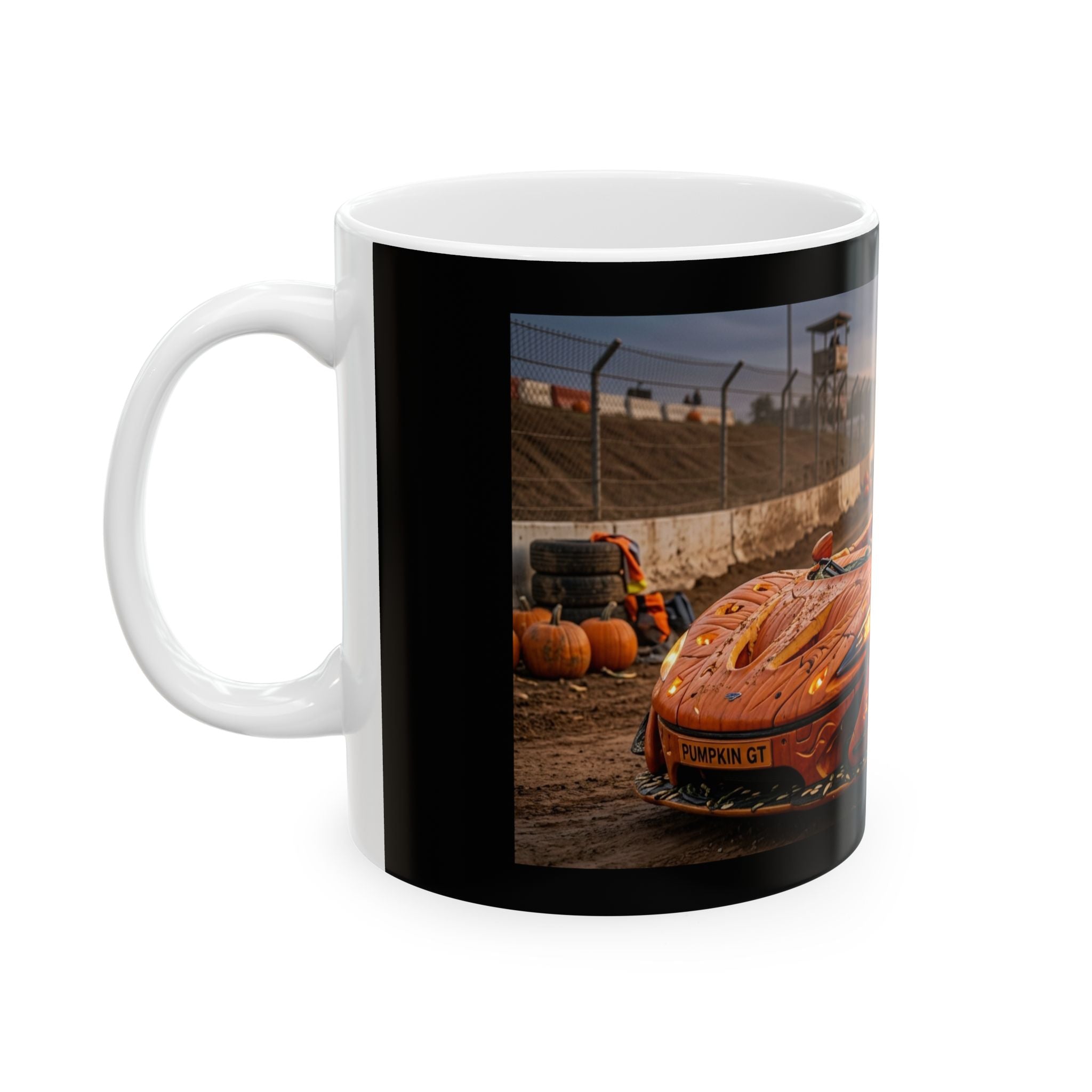 Racing Car Mug — Orange Pumpkin Sports Car (11oz & 15oz)