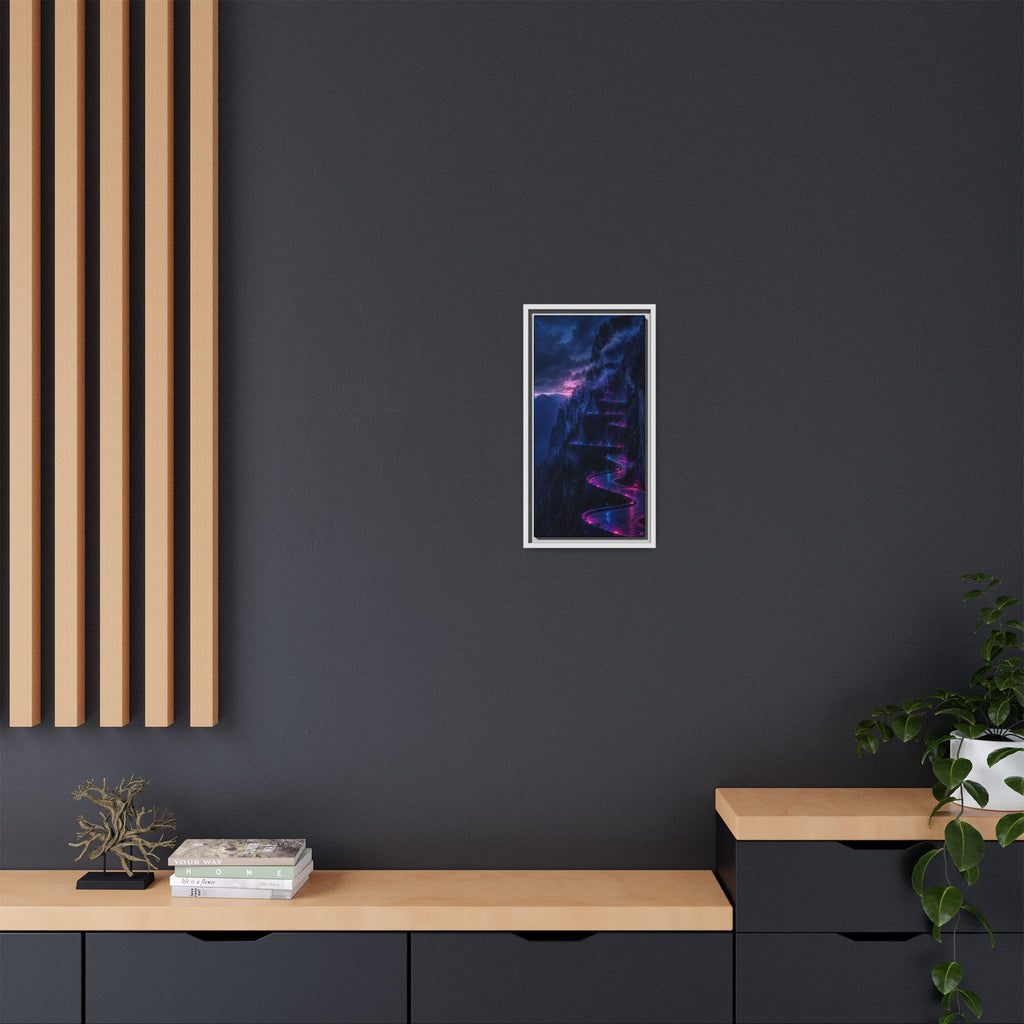 Neon Mountain Road Matte Canvas Print — Framed Nightscape Wall Art