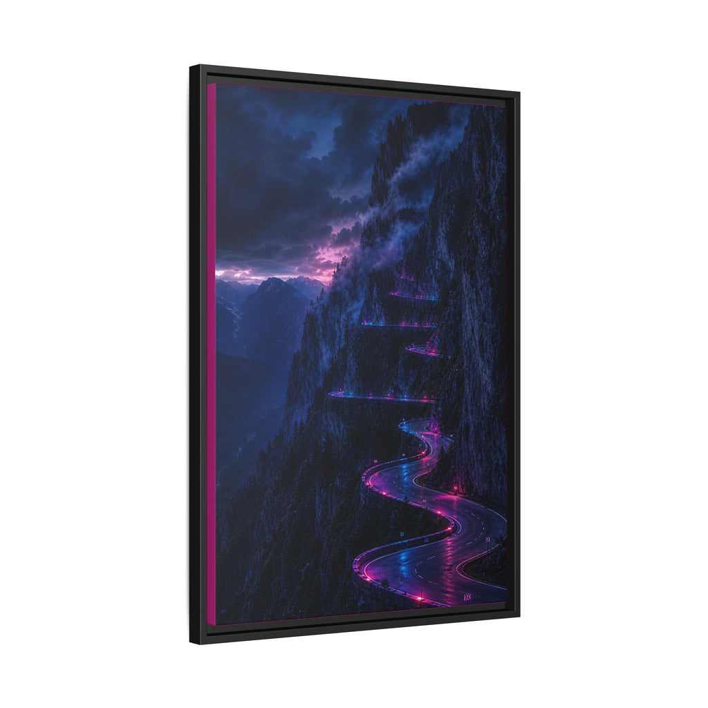 Neon Mountain Road Matte Canvas Print — Framed Nightscape Wall Art