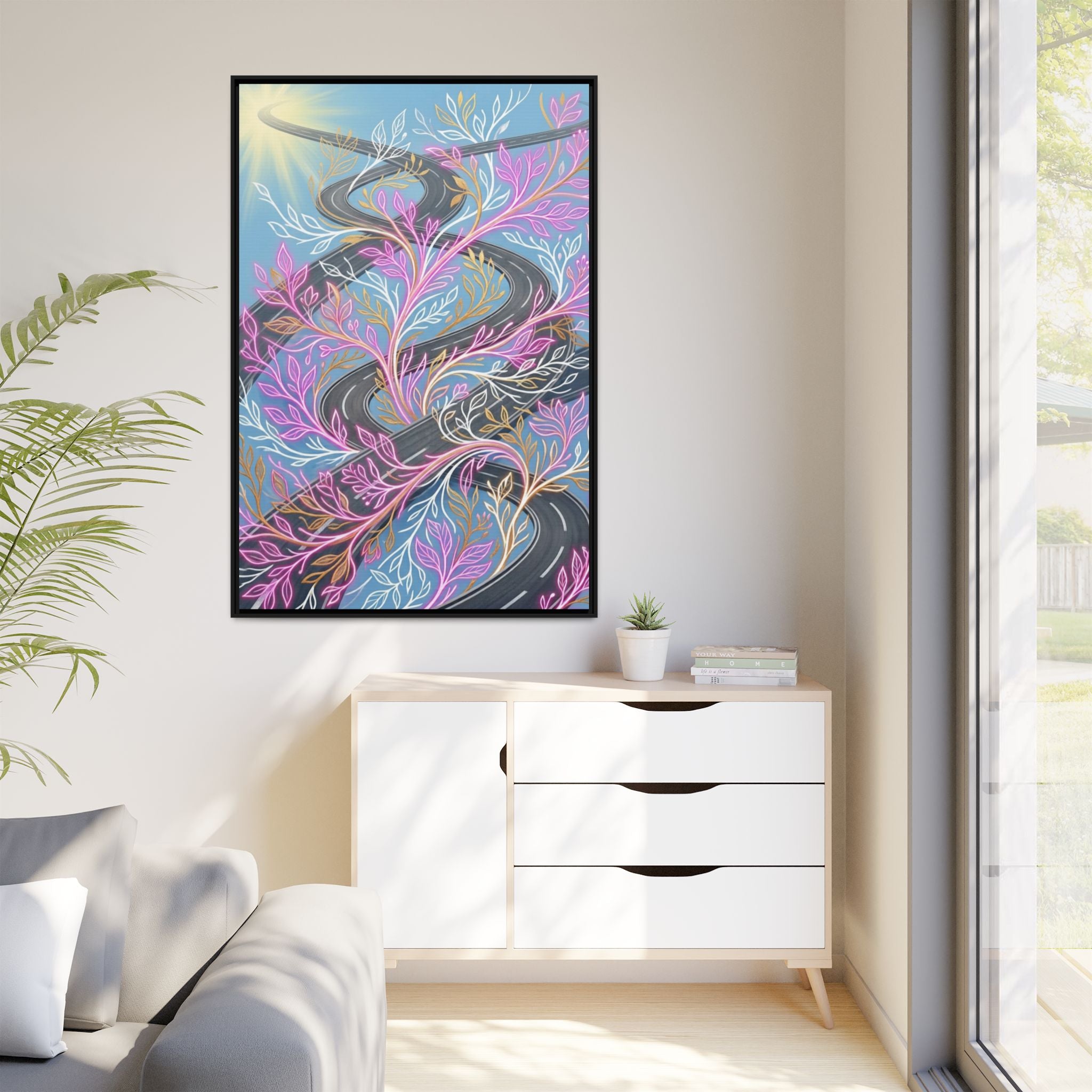 Framed Matte Canvas Floral Vines Wall Art — Pastel Botanical Abstract