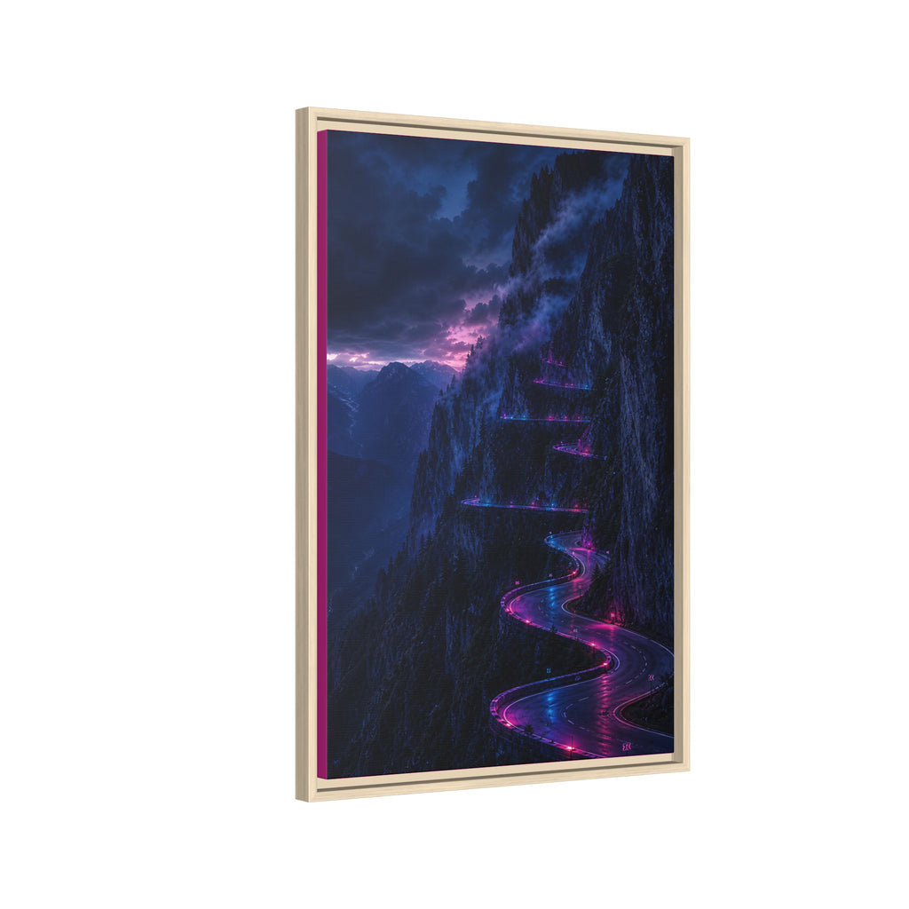 Neon Mountain Road Matte Canvas Print — Framed Nightscape Wall Art