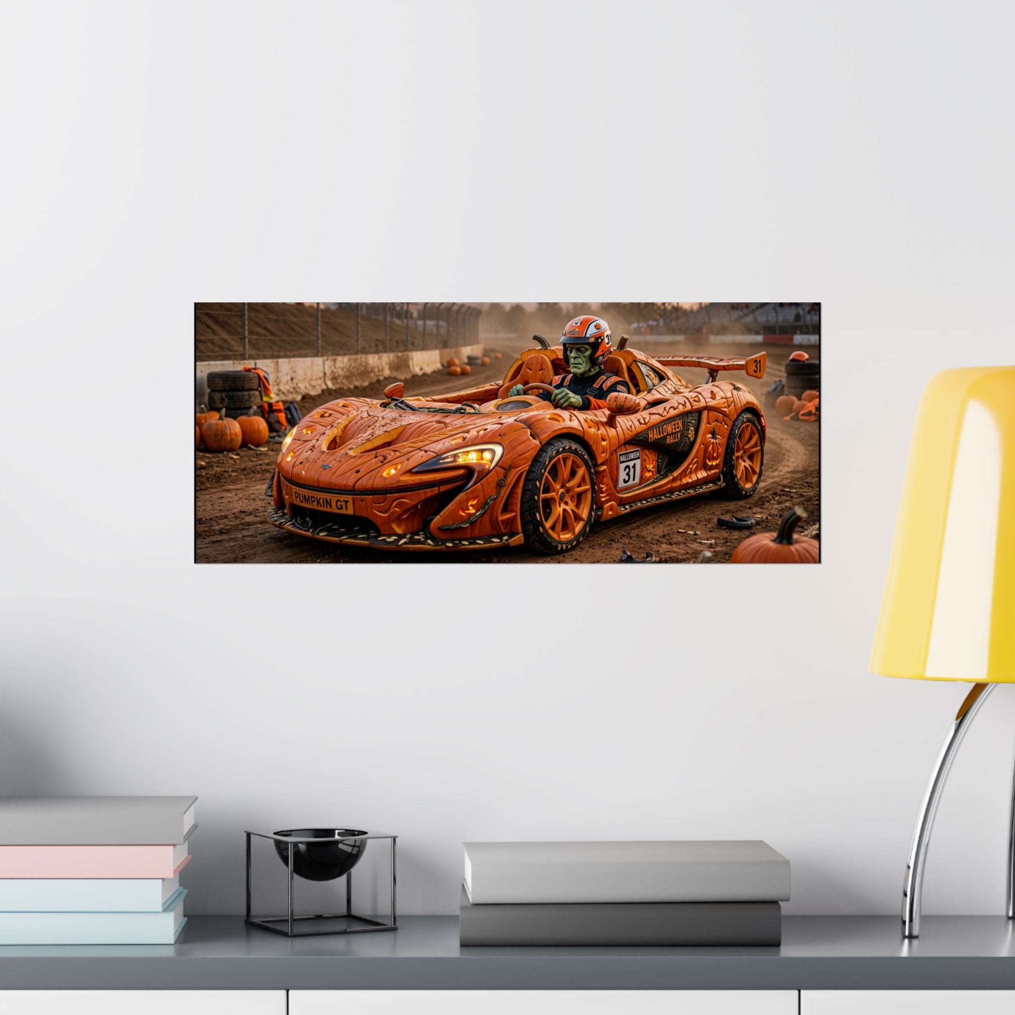 Halloween Race Car Poster — Orange Pumpkin Sports Car Matte Horizontal Print