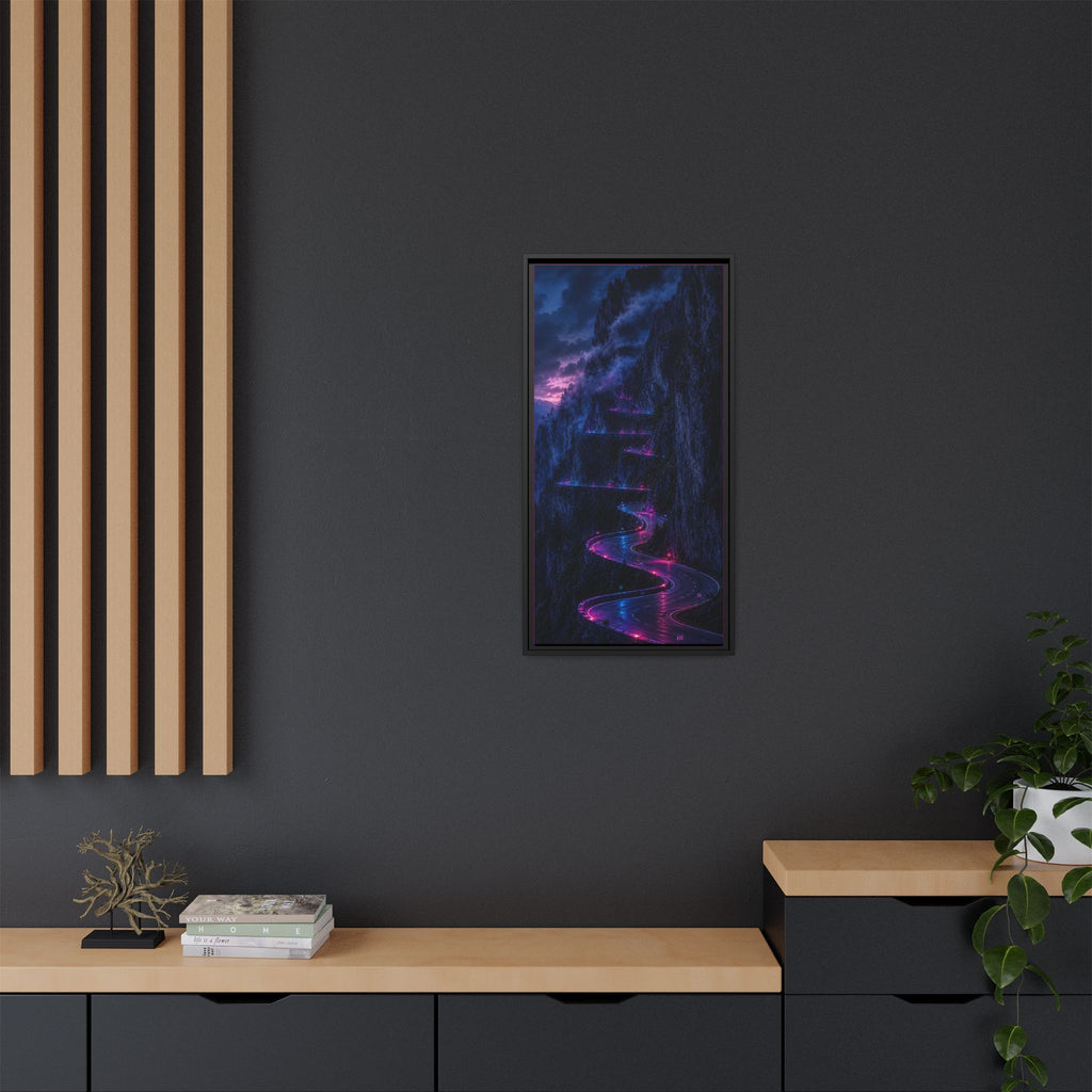 Neon Mountain Road Matte Canvas Print — Framed Nightscape Wall Art