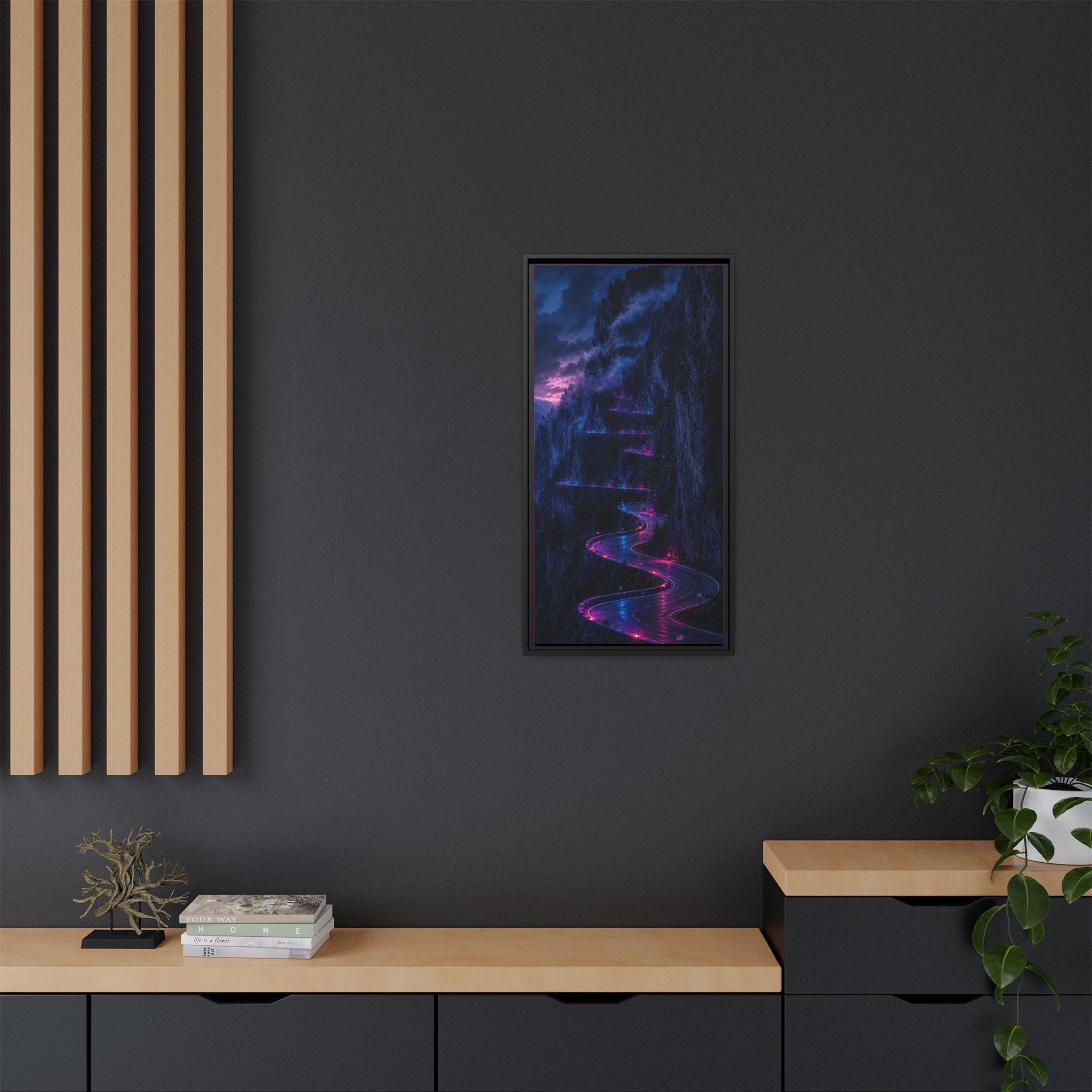 Neon Mountain Road Matte Canvas Print — Framed Nightscape Wall Art
