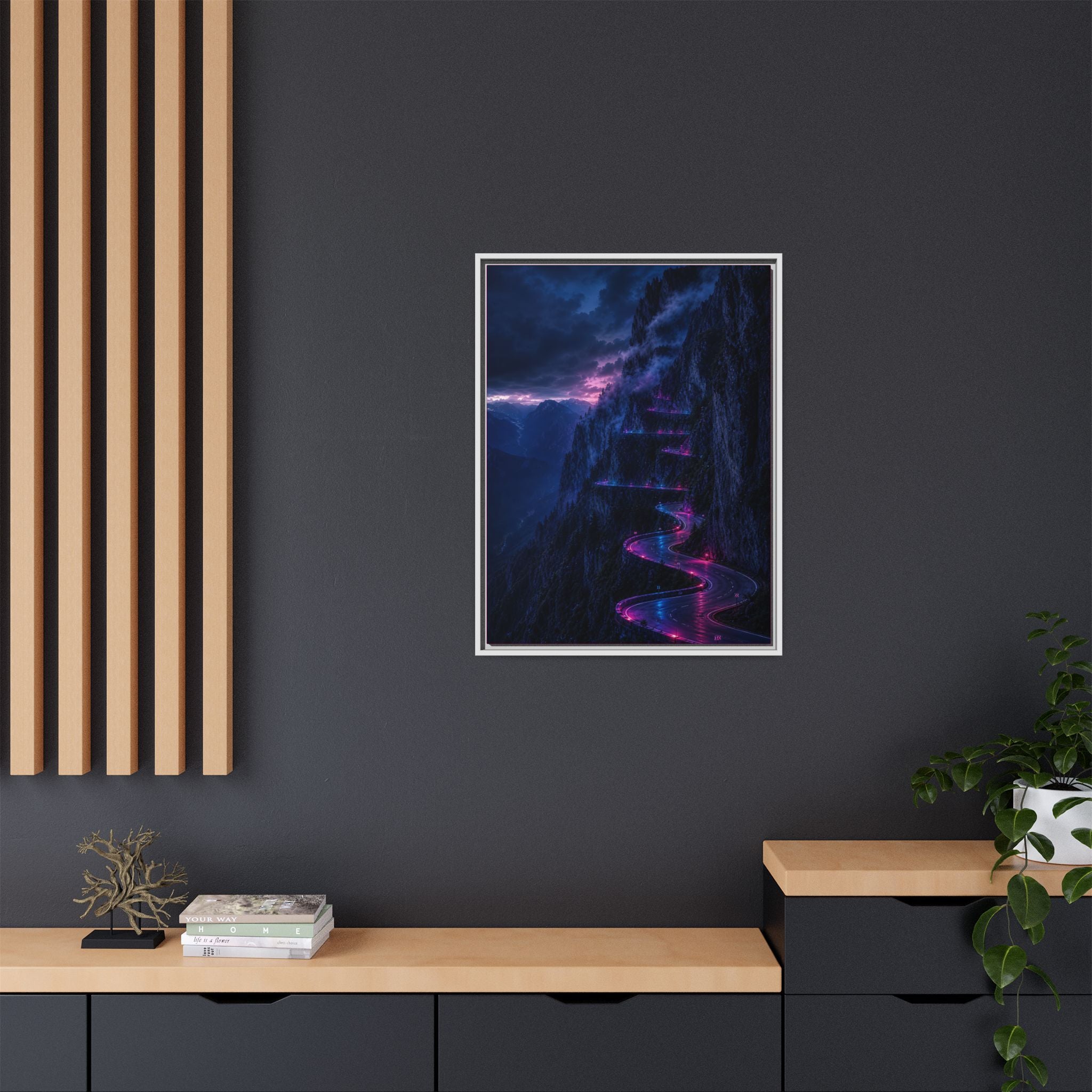 Neon Mountain Road Matte Canvas Print — Framed Nightscape Wall Art