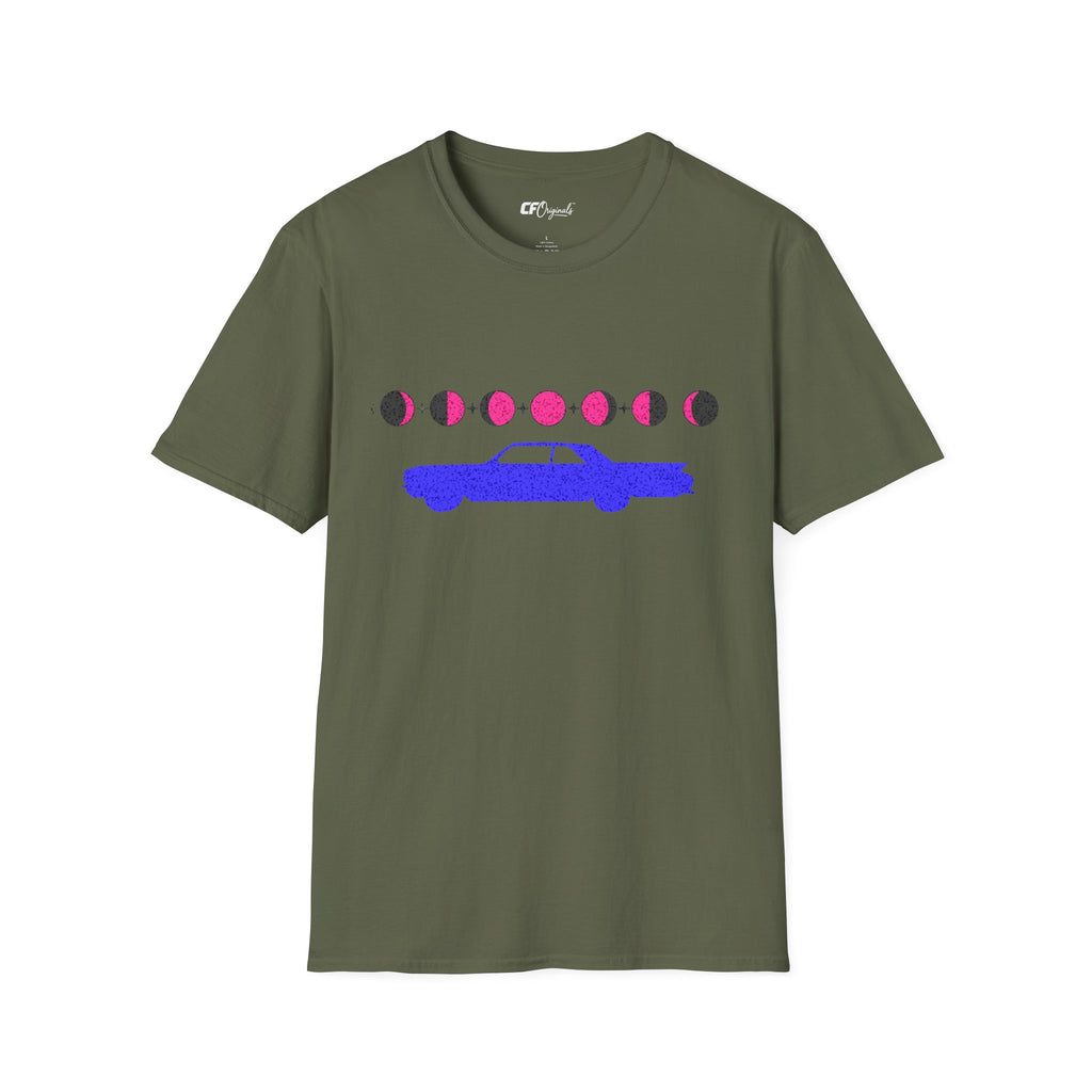 Retro Moon Phase Car T‑Shirt — Blue Classic Car with Pink Moon Phases