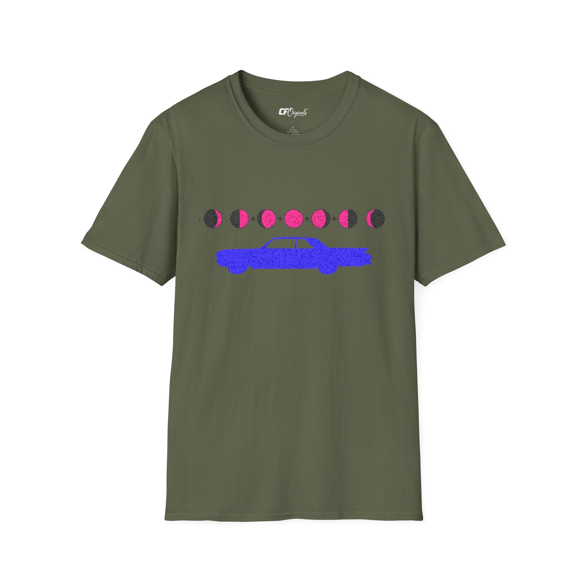 Retro Moon Phase Car T‑Shirt — Blue Classic Car with Pink Moon Phases