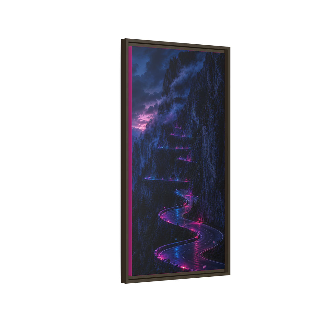 Neon Mountain Road Matte Canvas Print — Framed Nightscape Wall Art