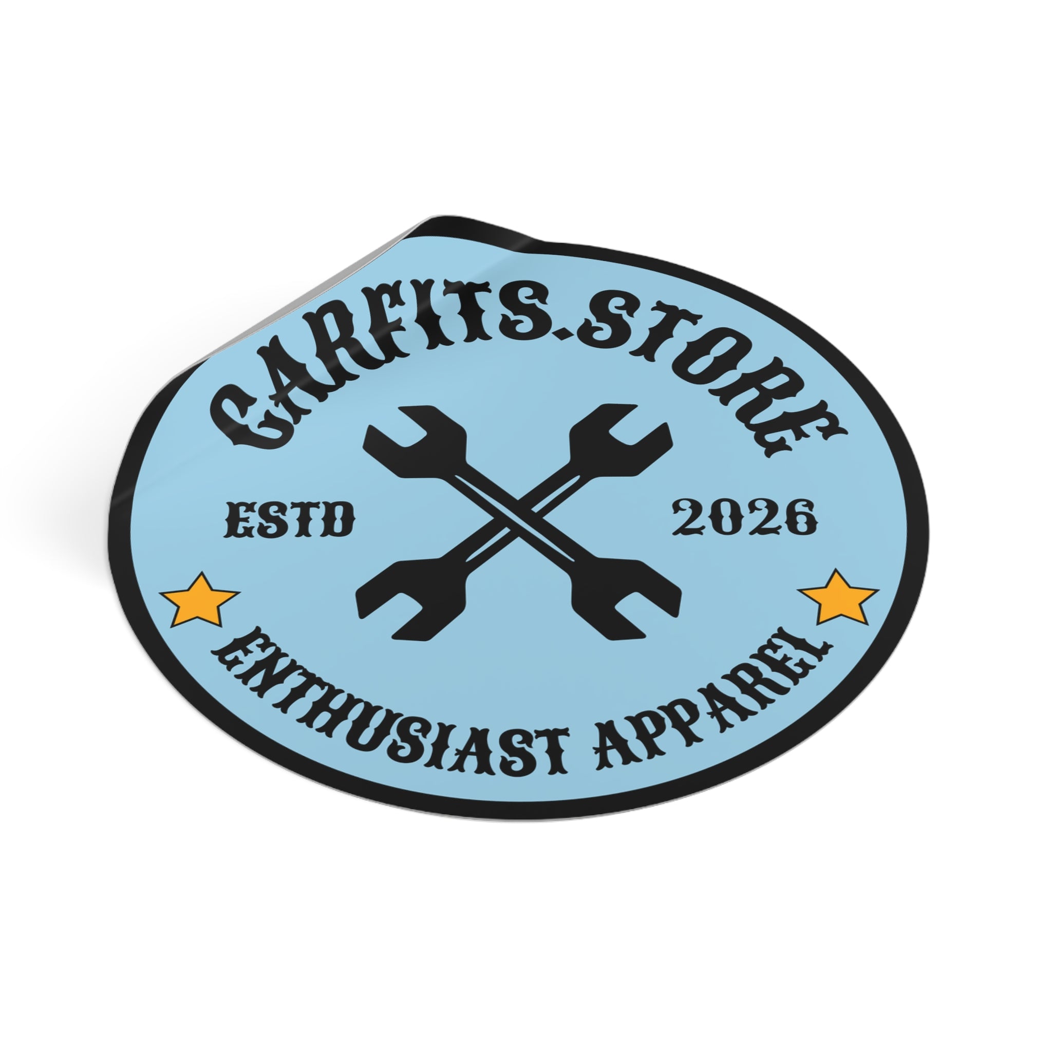 Logo Round Vinyl Sticker — 'CARFITS.STORE' Wrench Emblem (ESTD 2026)