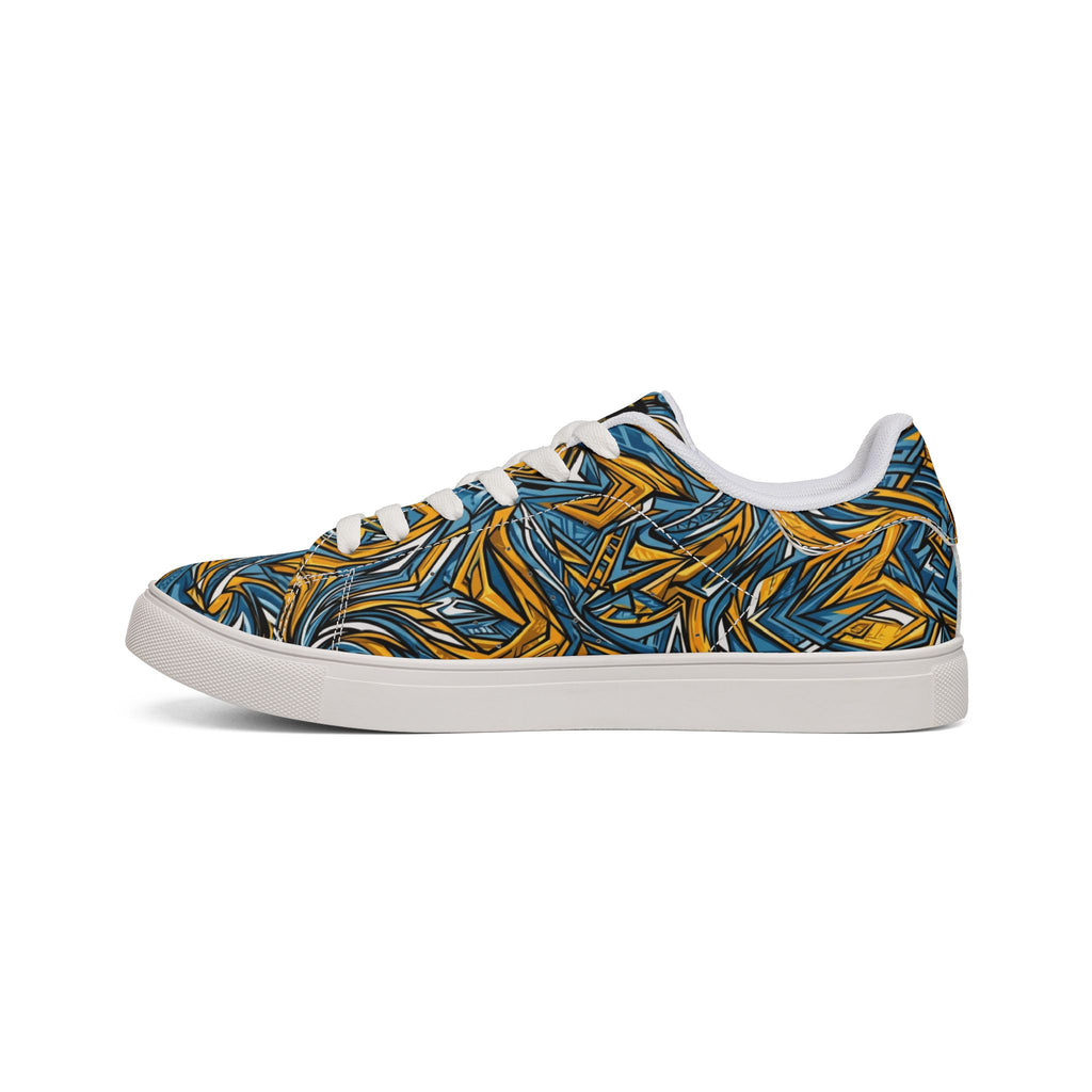 Men's Low-Top Leather Sneakers — Blue & Gold Swirl Painterly Trainers