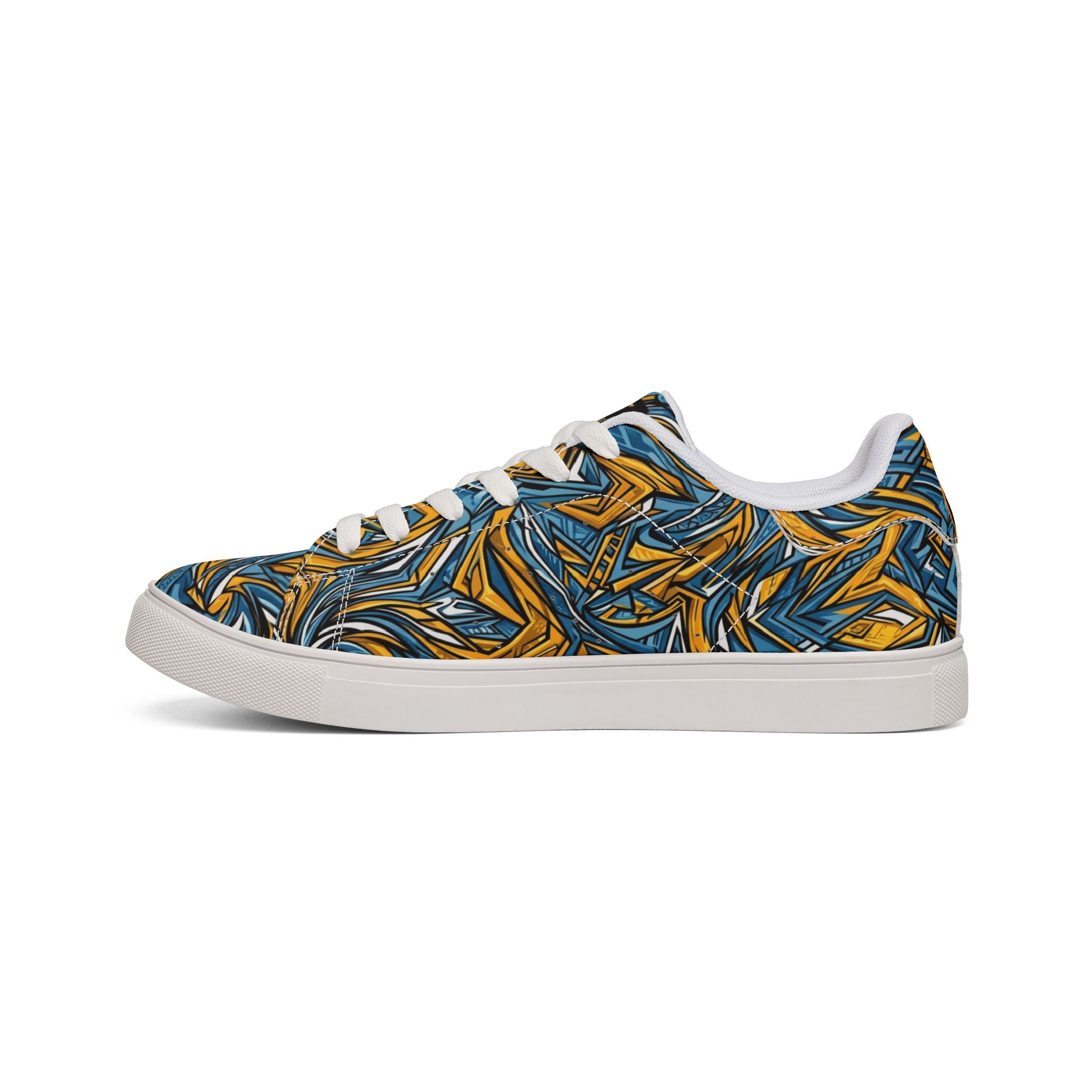 Men's Low-Top Leather Sneakers — Blue & Gold Swirl Painterly Trainers