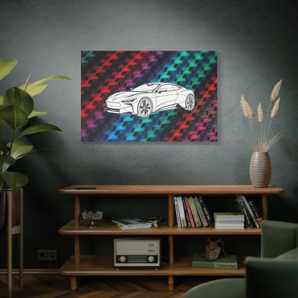 Modern Sports Car Canvas Wall Art – White Line Drawing on Rainbow Carbon Fiber Background