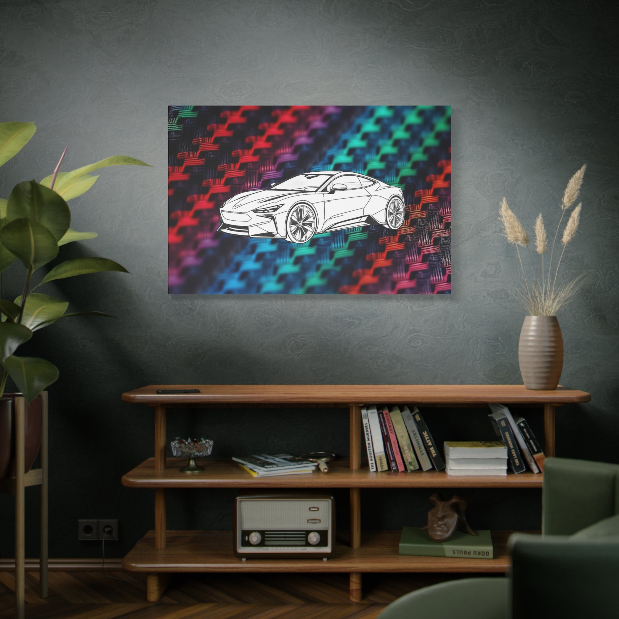 Modern Sports Car Canvas Wall Art – White Line Drawing on Rainbow Carbon Fiber Background